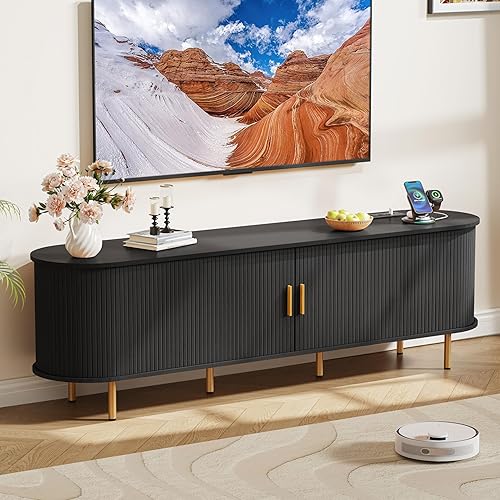 Miniatura 22 de DHH Soporte de TV moderno de mediados de siglo de 55 pulgadas con toma de corriente para televisores de hasta 60 pulgadas, centro de entretenimiento