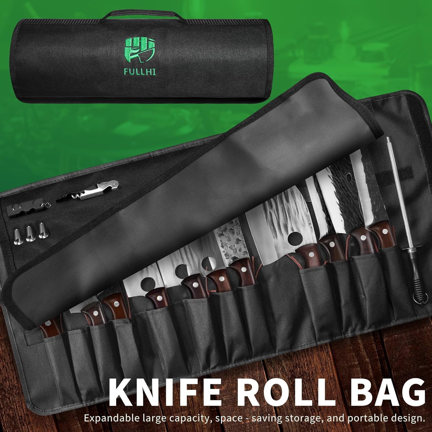 FULLHI 17pcs Butcher Chef Knife Set include sheath High Carbon Steel Cleaver Kitchen Knife Whole Tang Vegetable Cleaver Home BBQ Camping with Knife Bag