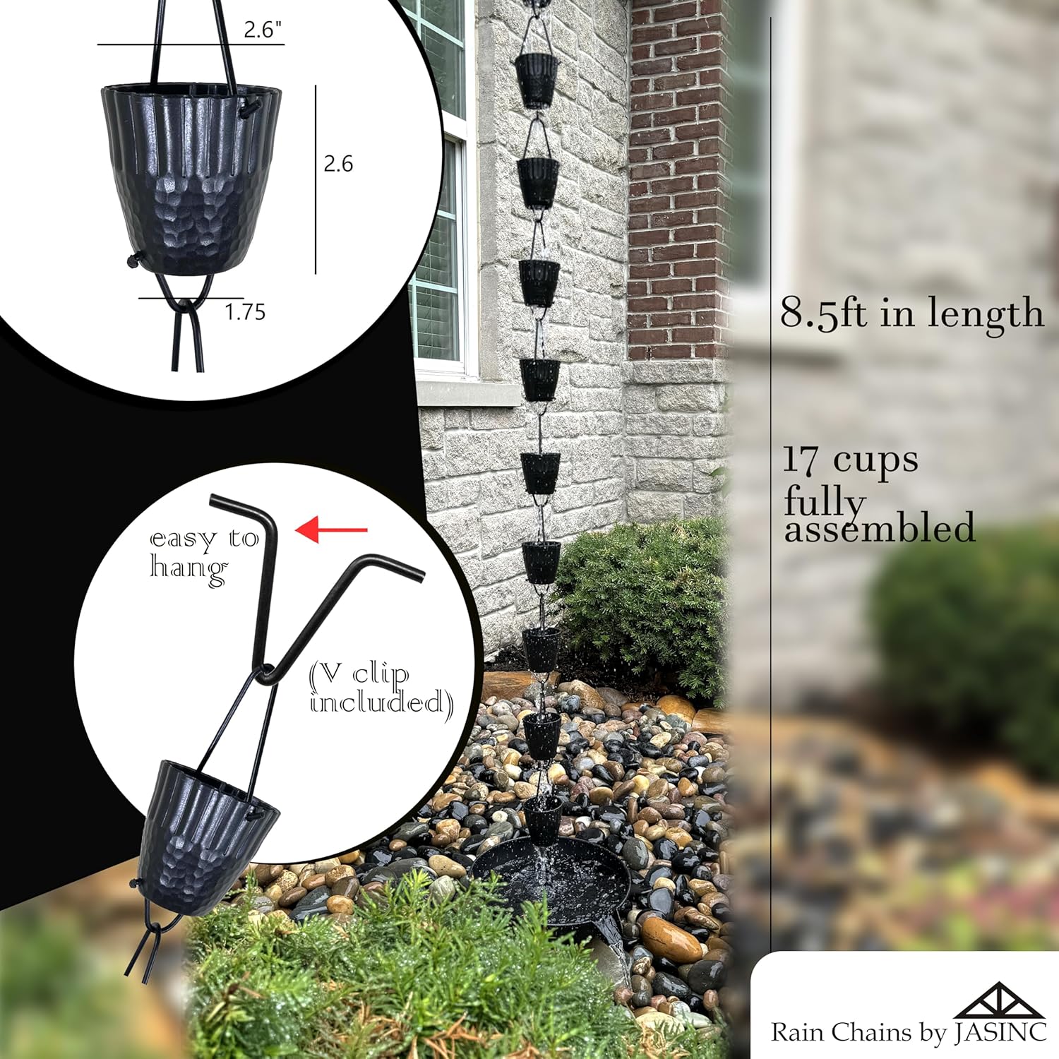 8.5 ft Ruffle Cups Hammered Black Powder Coated Aluminum, to Replace Roof Gutter Downspout, with Installation Kit, Rainwater Catcher/Water Diverter, JAS3003BLK