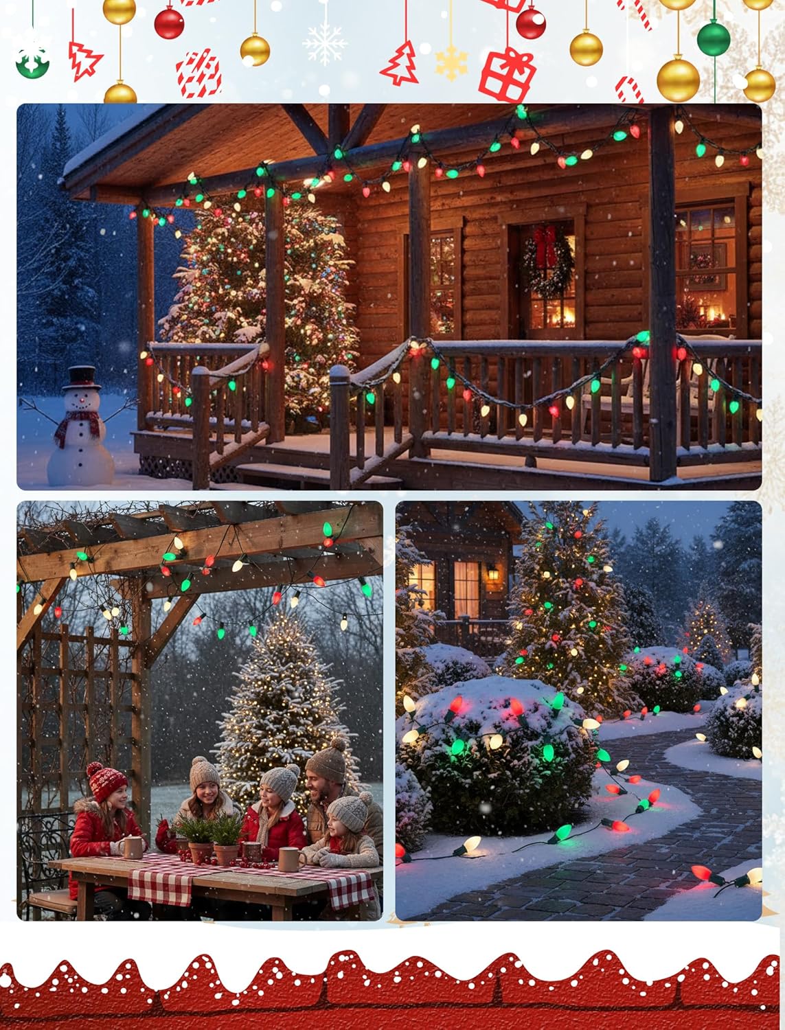C7 LED Red White and Green Christmas Lights,25ft Vintage Ceramic Christmas String Light with 27 Multicolor LED Bulbs(2 Spare),Outdoor Hanging Lights for Garden House Xmas Garland Tree Decor