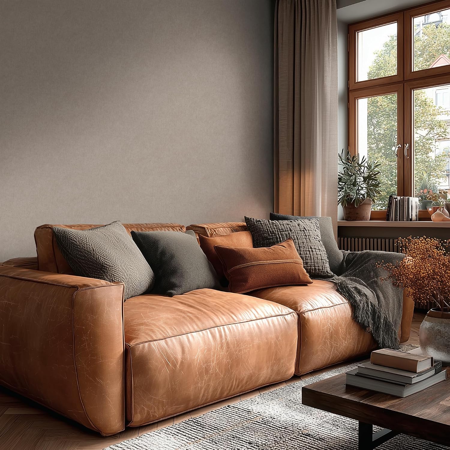 Livingwalls A.S. Création Vibes & Styles 792018 Non-Woven Wallpaper - Warm Atmosphere with Botany, Geometry & 3D Look, Vinyl Surface, Plain Wallpaper, Textured Wallpaper, 10.05 m x 0.53 m, Brown/Grey