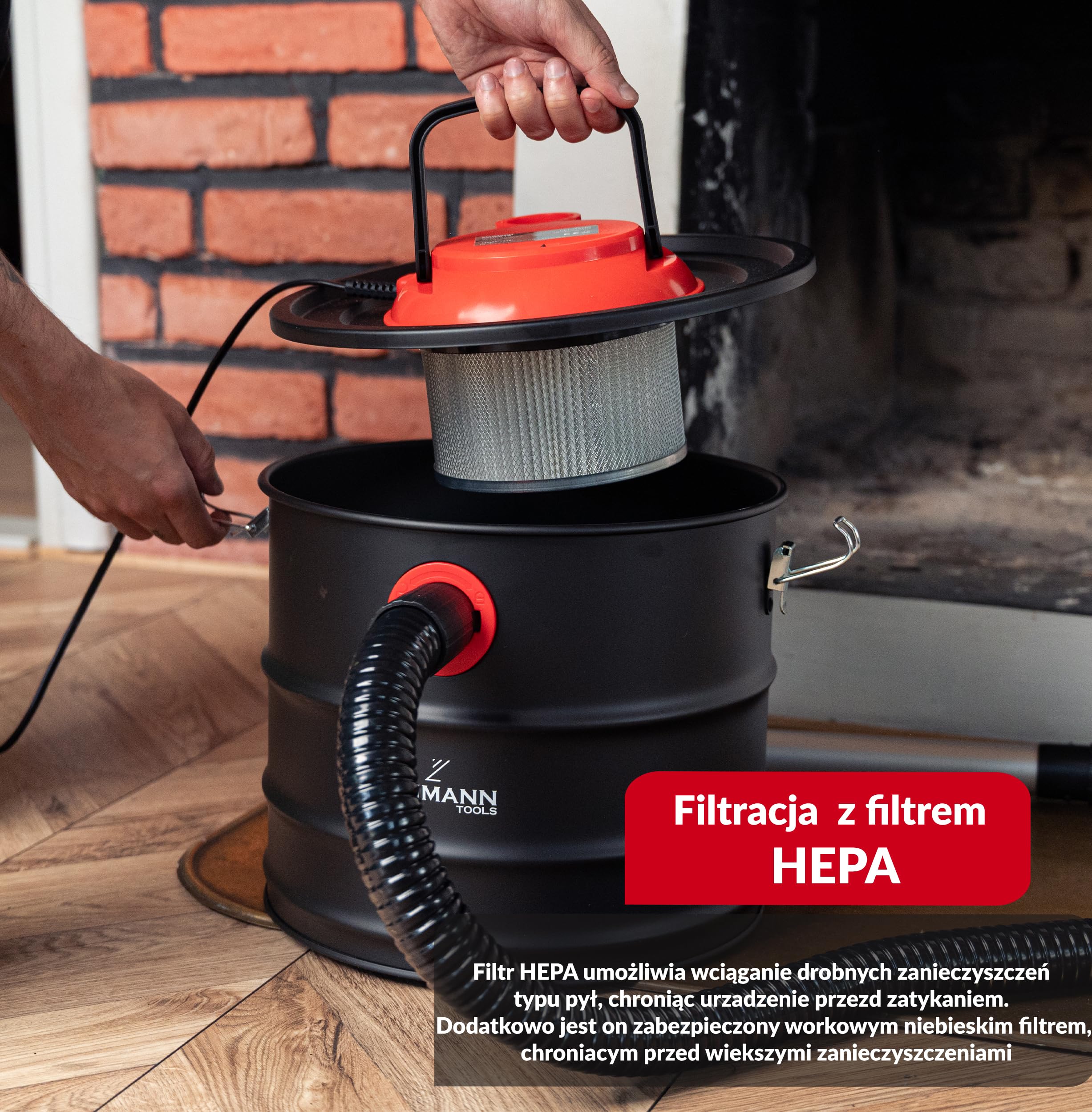 LEHMANNOdkurzacz do popiołu 15 l – kominkowy odkurzacz do wysokich temperatur – wytrzymały metalowy zbiornik – filtry HEPA – funkcja nadmuchu