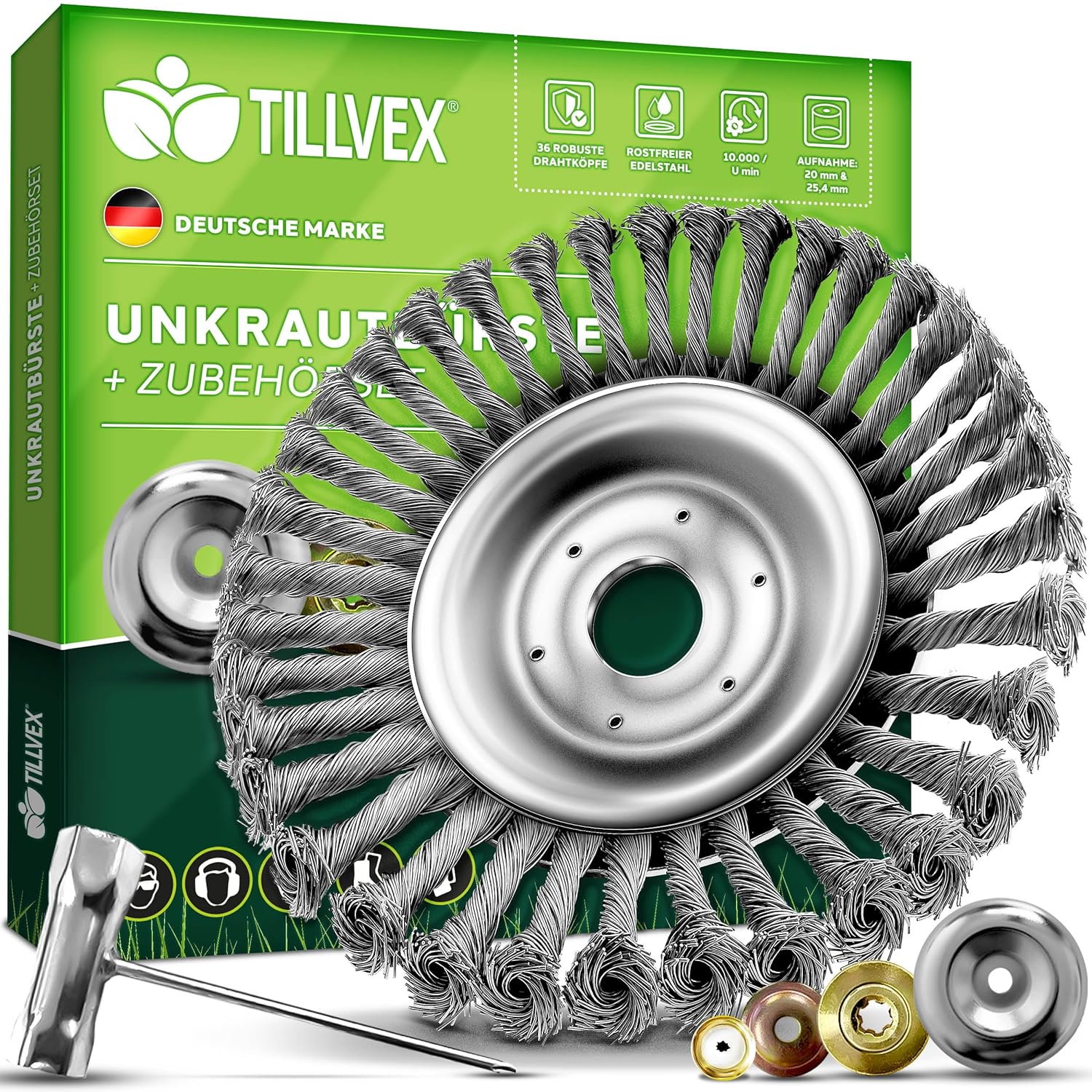 tillvex® Profi Unkrautbürste für Freischneider & Motorsense [Design 2024] | Wildkrautbürste 25,4 & 20mm Bohrung | Drahtbürste zur effektiven Unkrautentfernung | Bürste inkl….