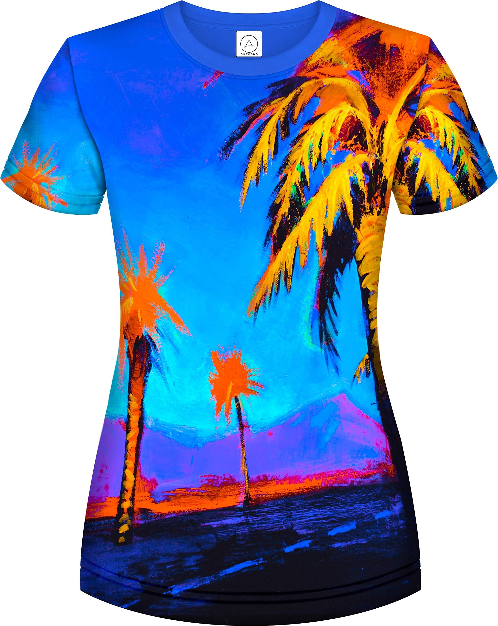 aofmoka Ultraviolet Fluorescent Handmade Art Neon Blacklight Reactive Print Women T-Shirt