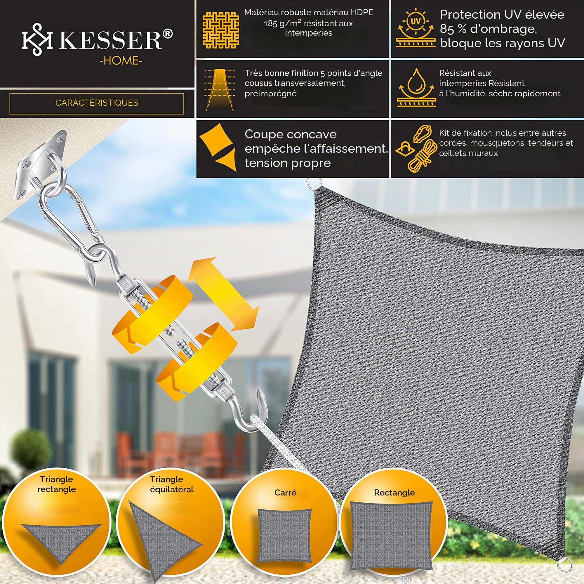 KESSER® Voile d'ombrage, Protection Solaire, Coupe-Vent, Tissu PEHD, imperméable et Coupe-Vent, Coutures transversales, Robuste et Stable, pour Jardin, Balcon, 2x2m, Gris