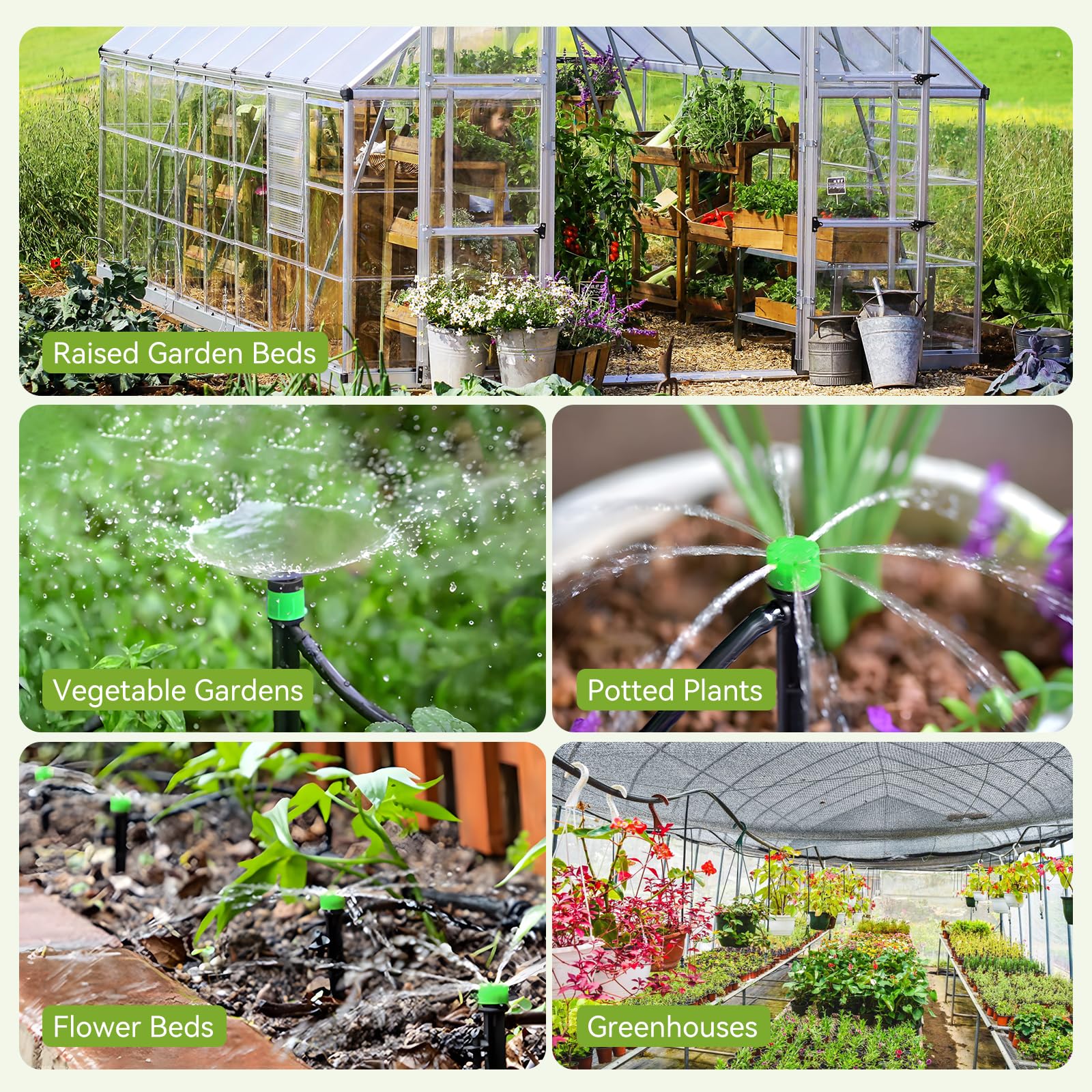 Kit di irrigazione a goccia per giardino, aiuole rialzate, prato, sistema di irrigazione regolabile con emettitori a goccia, tubi da 5/16" e 1/4", raccordi spinati