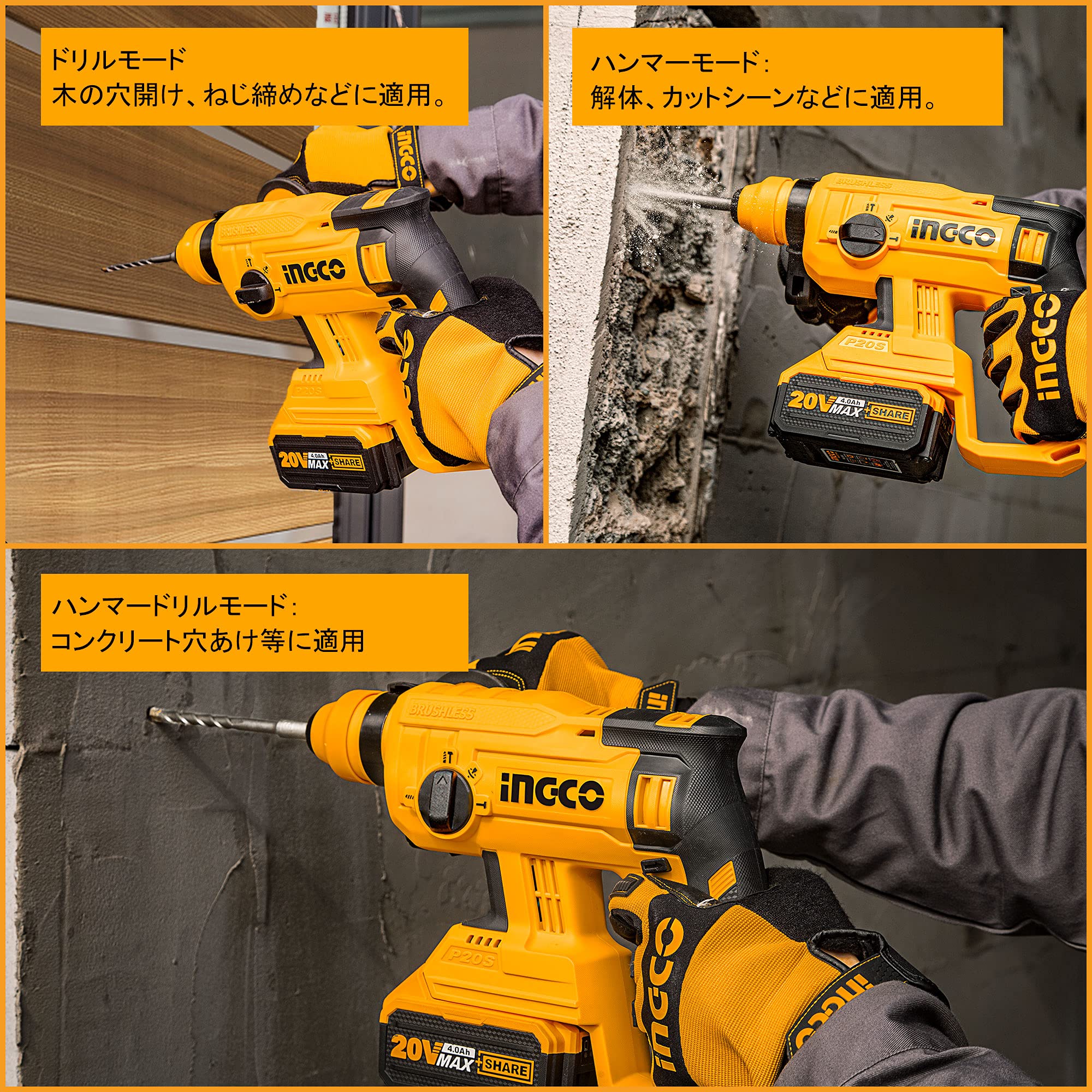 Amazon | INGCO ハンマドリル 20V コードレスハンマードリル 充電式 
