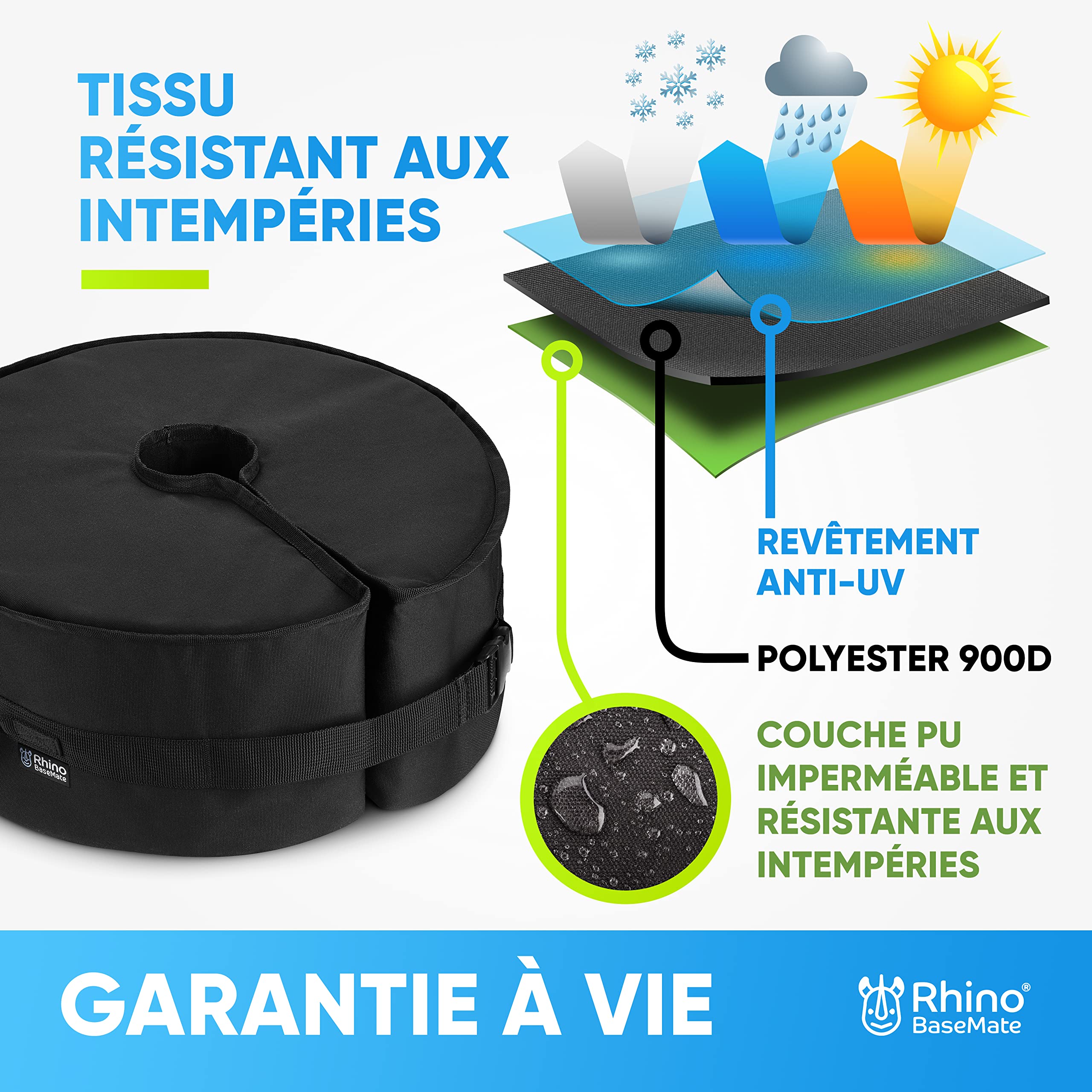 Rhino Base de parasol ronde avec ouverture latérale, 45,7 cm ~ S'adapte à tout support de parasol déporté et tout support de parasol d'extérieur ~ Facile à installer (Noir)