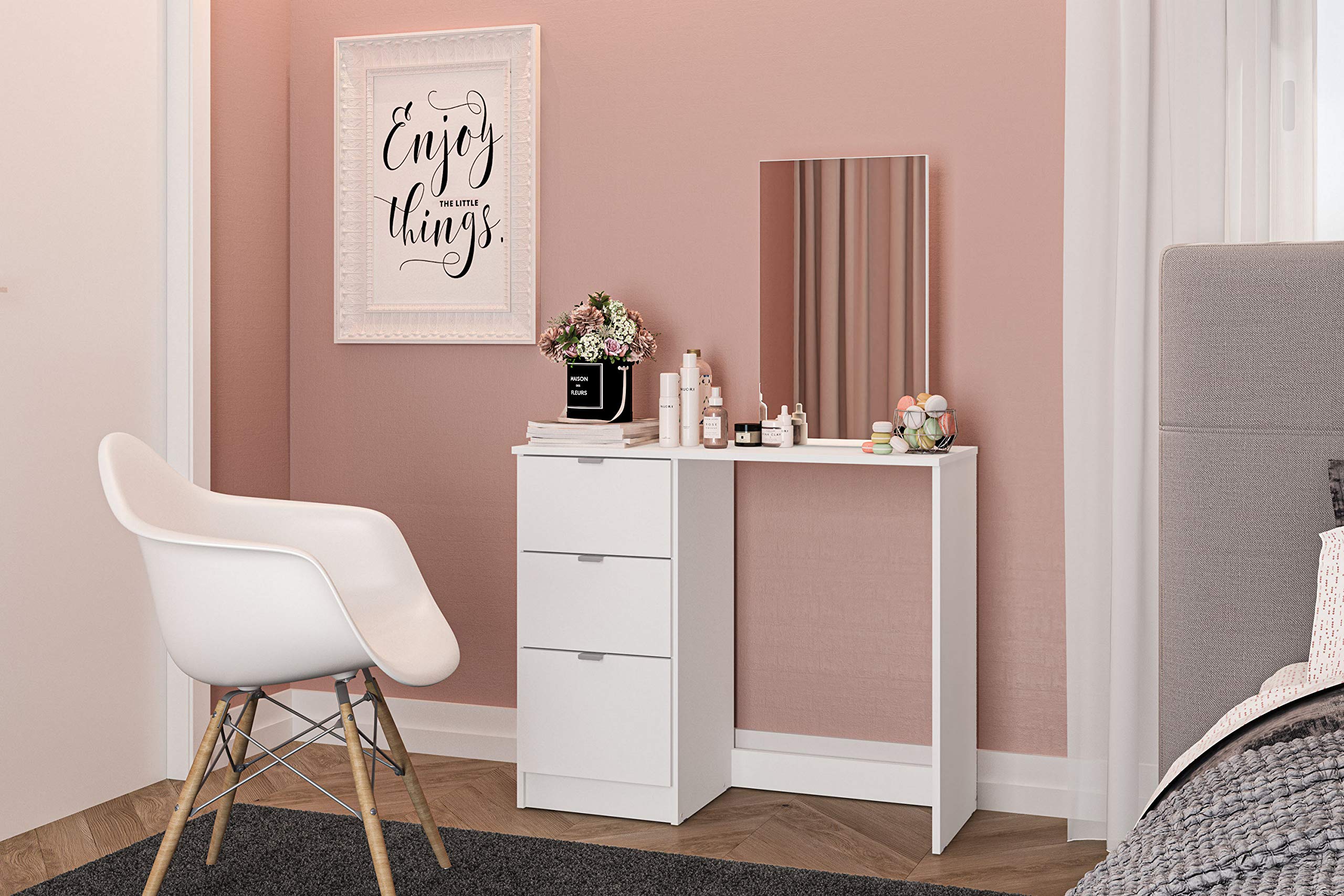 White Dressing Table with Mirror Birlea Madison 3 Drawer Vanity Desk Make Up