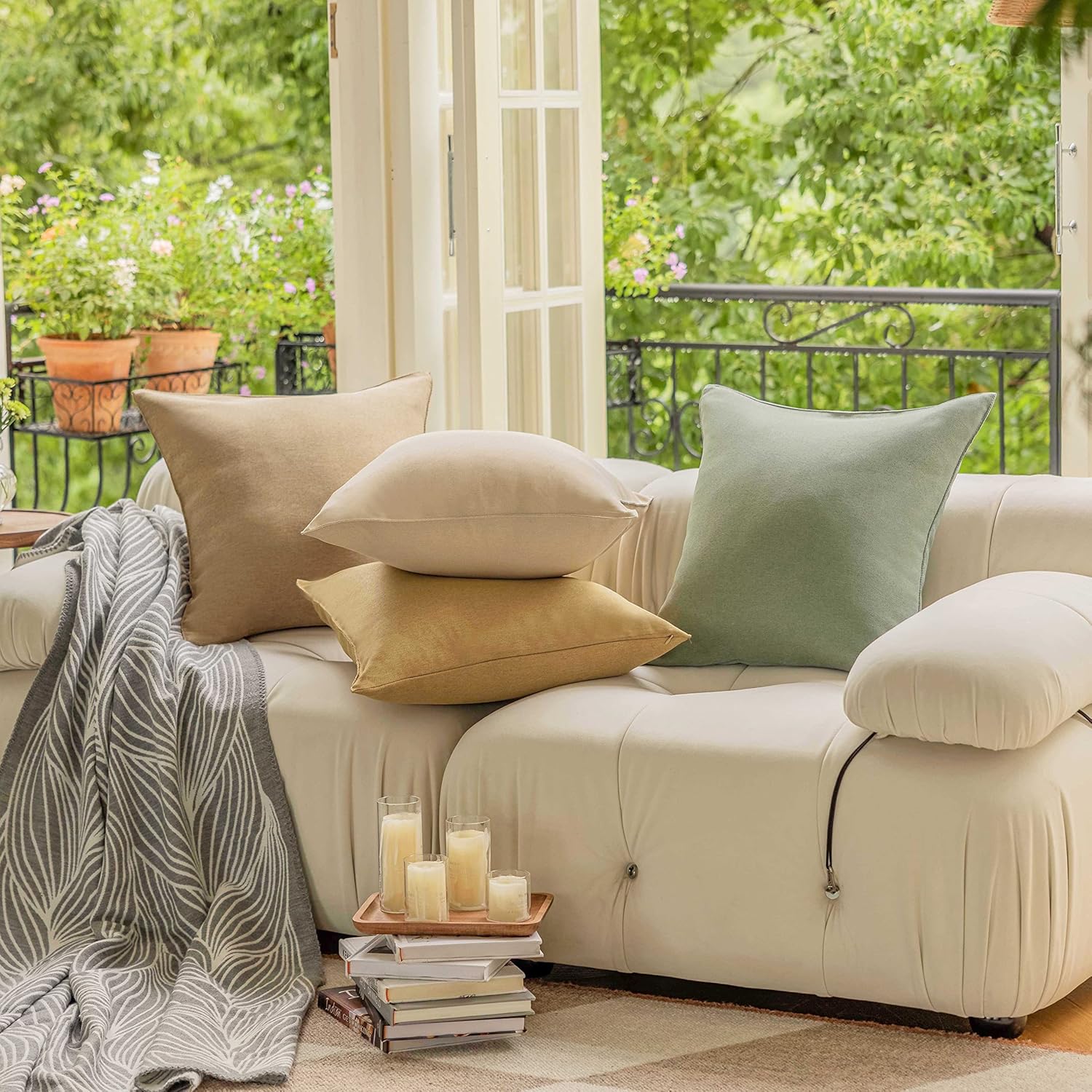 Demetex Outdoor Throw Pillows 18x18 Waterproof Square Pillow Covers Decorative Pillowcase for Patio Couch Bedroom, Set of 4, 18 x 18 Inch, Beige