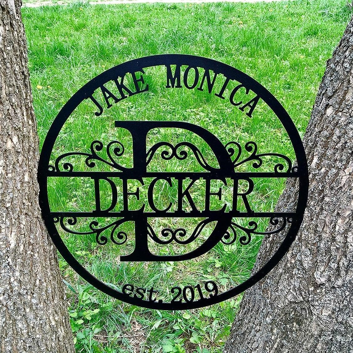 Custom Metal Family Sign - Split Initial Monogram, Personalized Last Name, Two First Names, and Est. Year, Wedding & Housewarming Gift, Outdoor Metal Wall Art