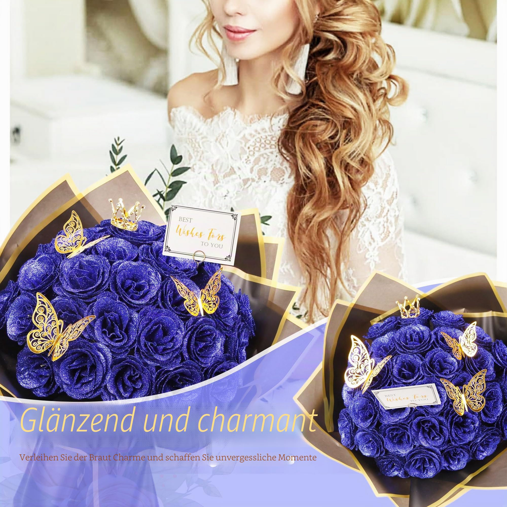 Roya Blauer Glitzer-Rosenstrauß, 30 Stück DIY Gefälschte Blumen Blumenstrauß, Immerwährender Glänzender Künstlicher Rosenstrauß für Valentinstag, Jahrestag, Verlobung, Hochzeit