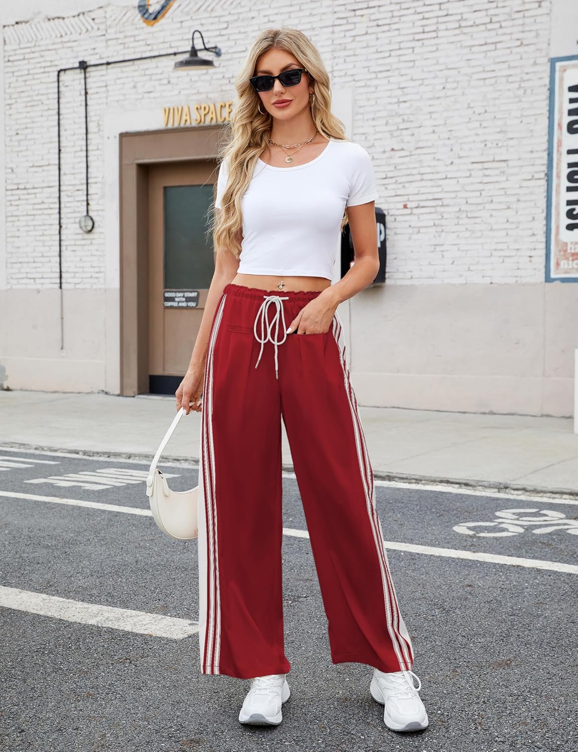 Hongsui Women's Wide Leg Pants Drawstring High Rise Side Striped Slouchy Palazzo Pants with Pockets image 2