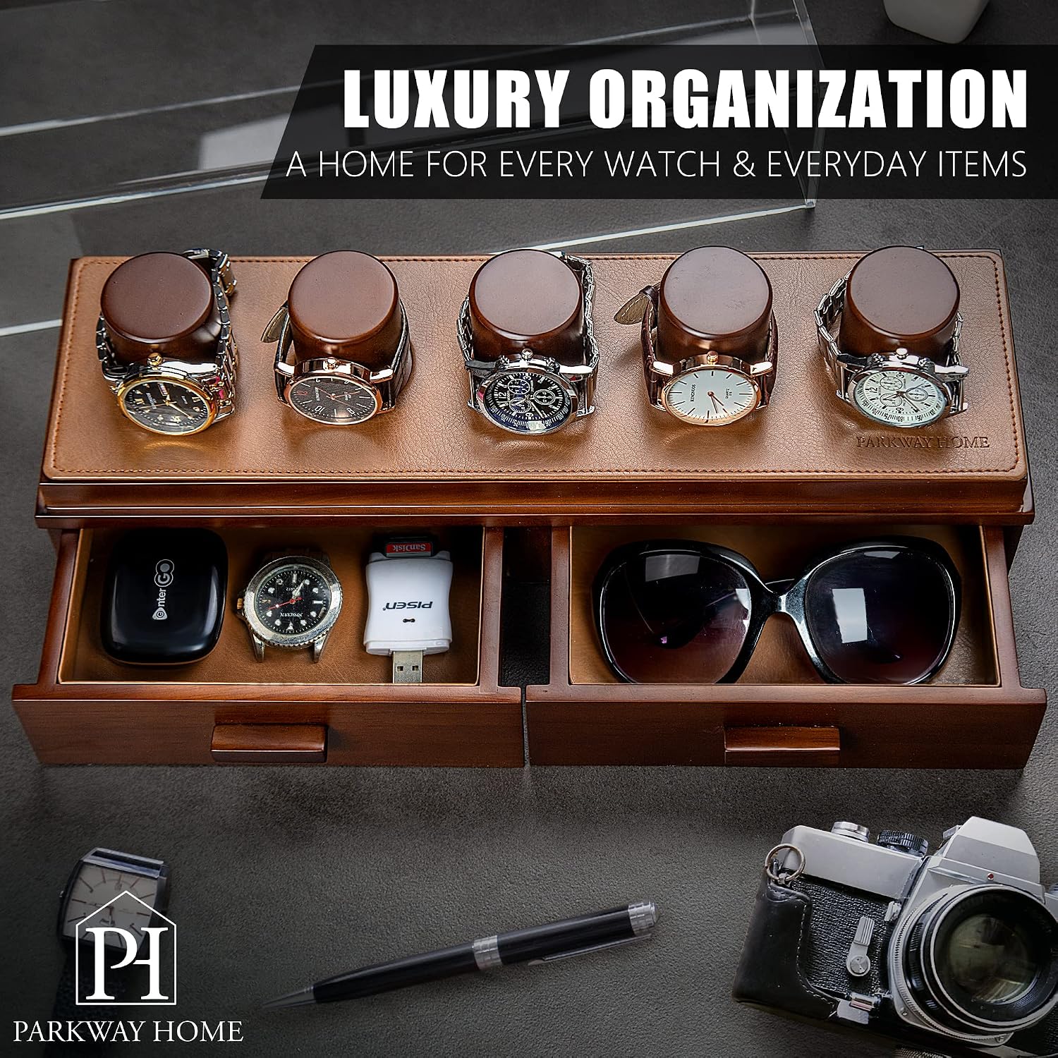 Parkway Home Solid Oak Watch Box Organizer for Men & Women - Lined with Luxe Vegan Leather for Watches and Drawers, Provides Clear Acrylic Watch Display Case for up to 5 Watches, Storage (Brown)