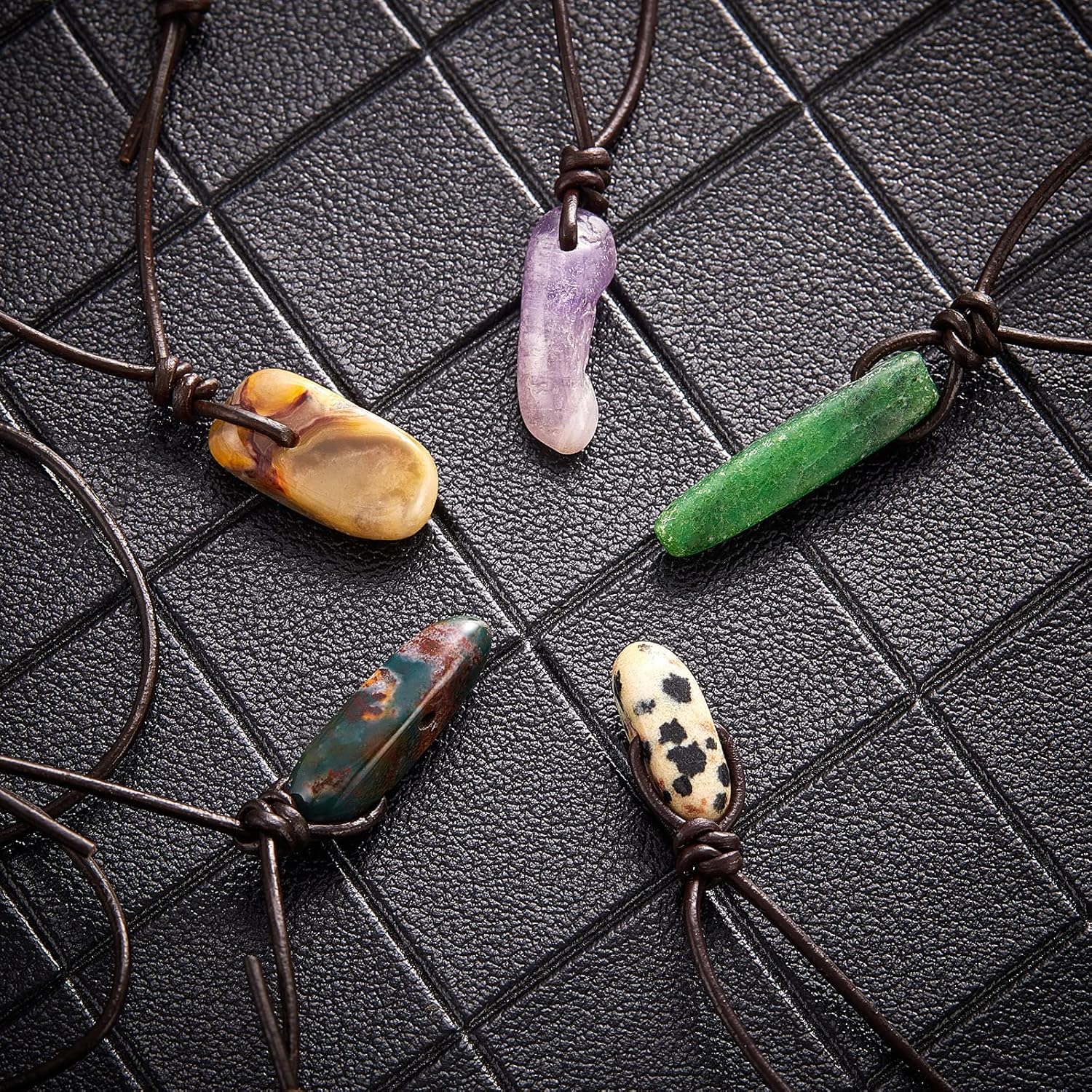 Ornaland 5 Pcs 5 Styles Natural Mixed Gemstone Pendant Necklace Adjustable Crystal Stone Charms Necklace with Cowhide Leather Cord Jewelry for Women - Image 4