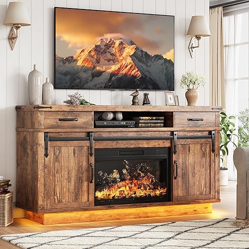 59'' Fireplace TV Stand with 3D Flame Electric Fireplace Heater, 34'' Tall Farmhouse TV Stand for 65 Inch TV, Entertainment Center TV Console with 2 Drawers, Sliding Barn Door for Living Room - Brown