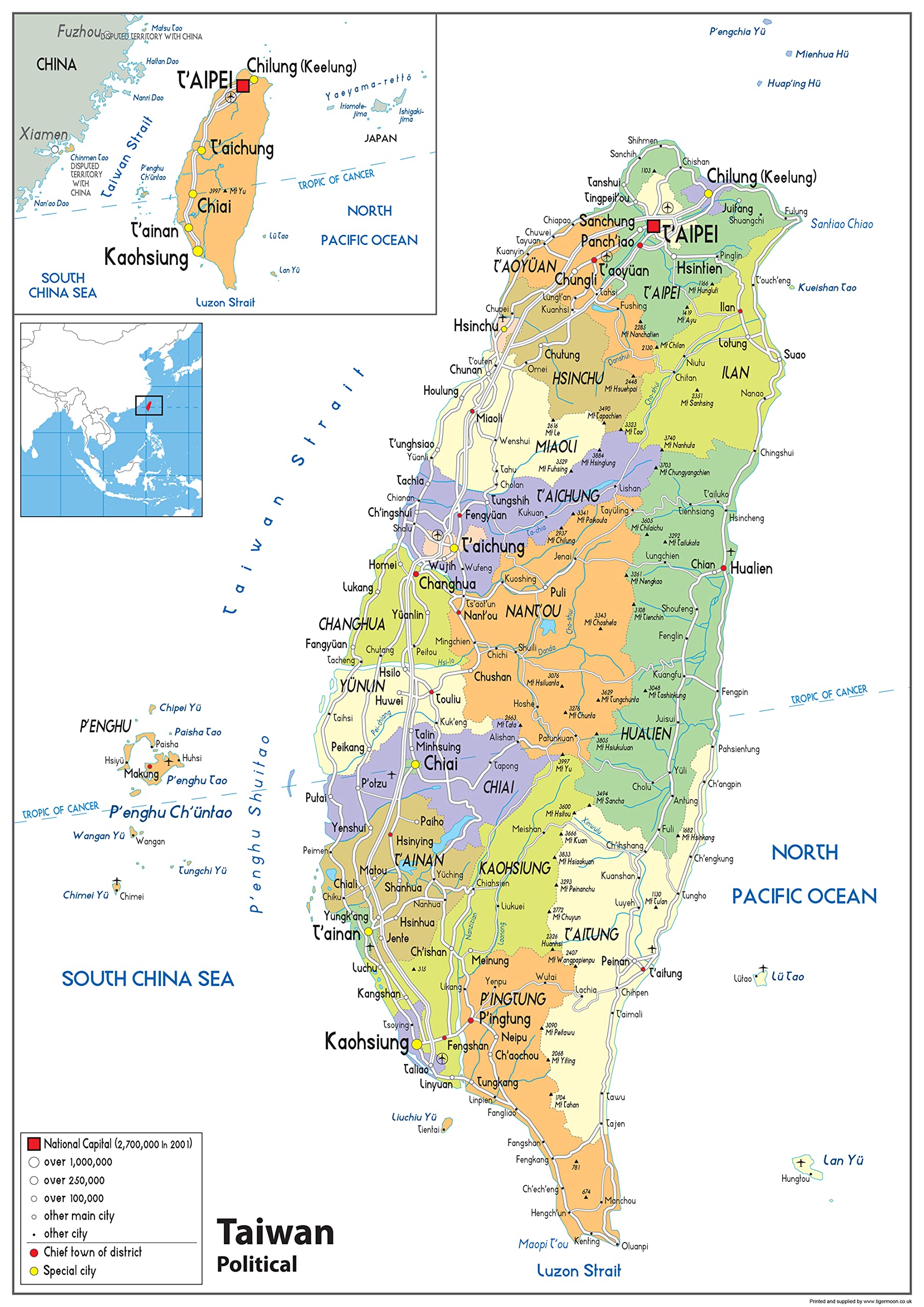 Political Map of Taiwan - Size A0-84.1 x 118.9cm - Paper Laminated