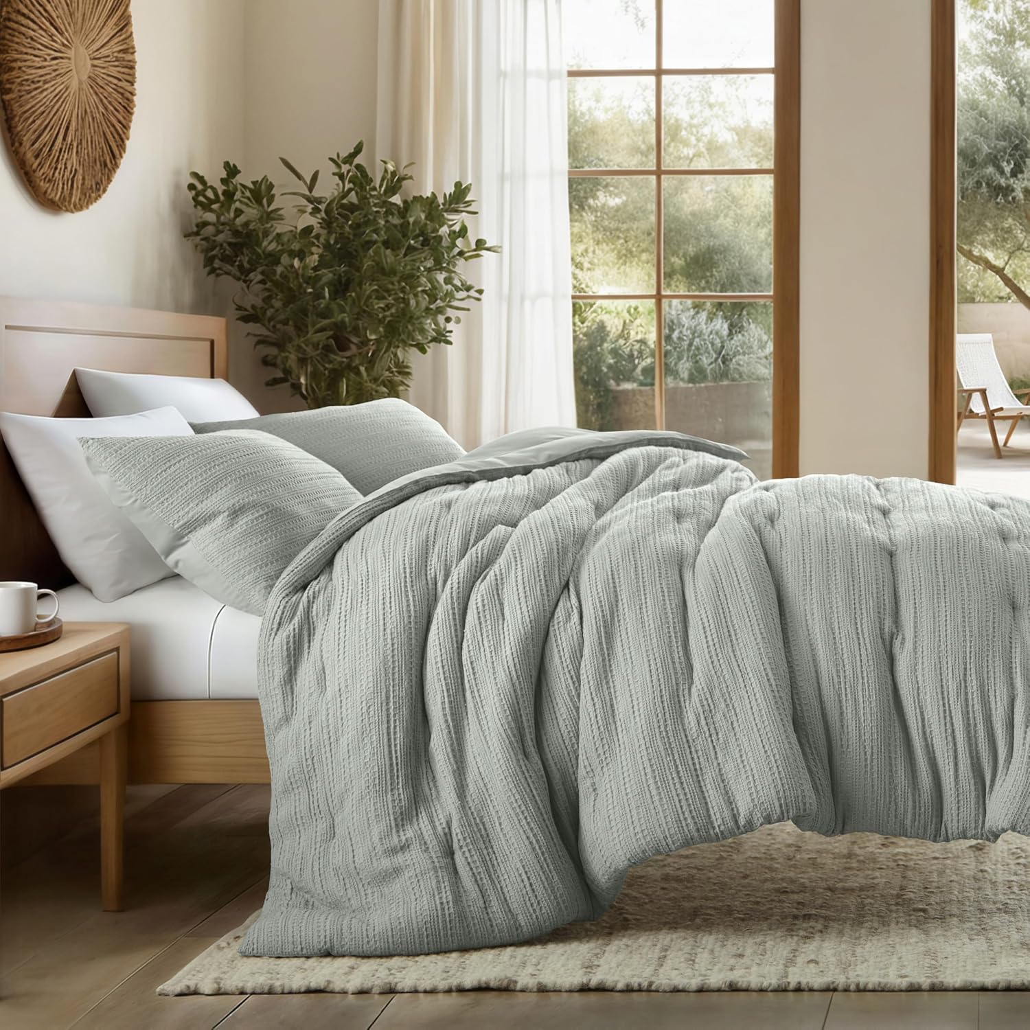 LINENS & HUTCH Waffle Textured 3 Piece Comforter Set All Season Down-Alternative Ultra Soft Bedding - Full/Queen Green Mist