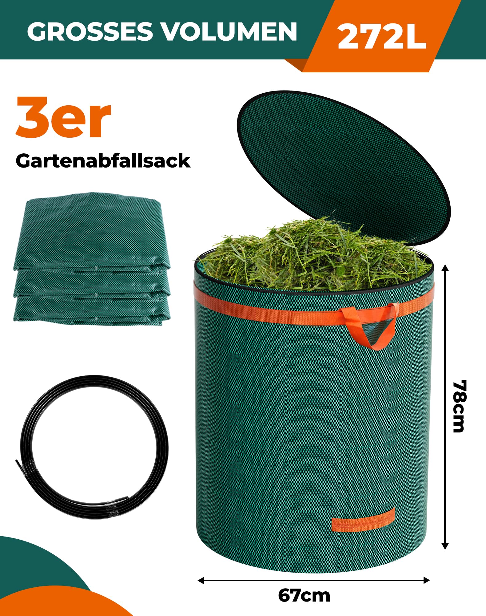 LAOYE 3x Gartenabfallsack Stabil mit Deckel 272L Laubsack Groß Gartensack Selbststehend Grünschnittsack Grünabfallsäcke Garten Abfallsack für Laub Rasen