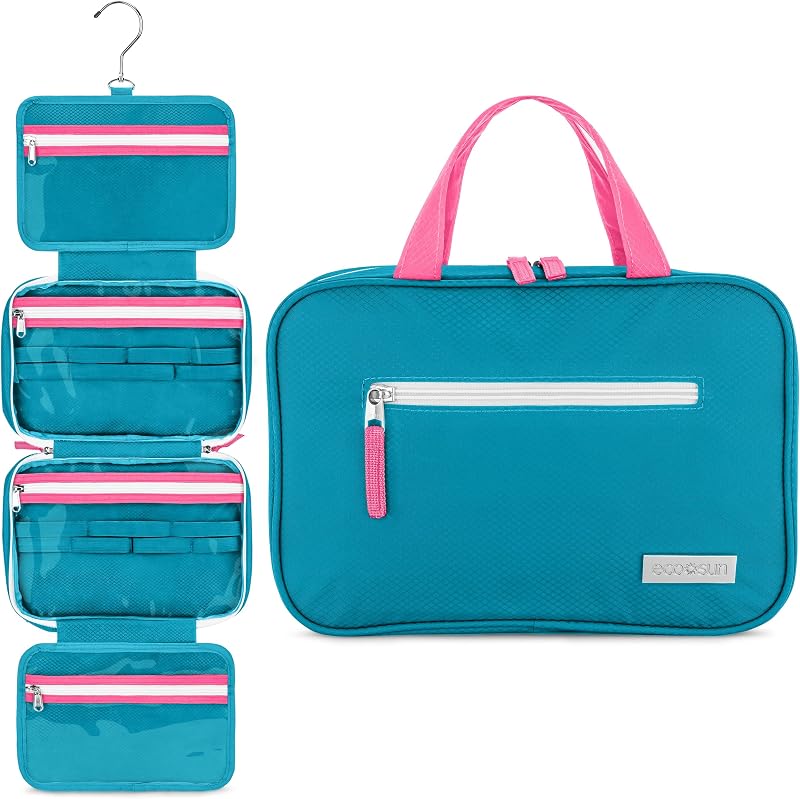 Necessaire de viagem suspensa Eco Sun Teal/Hot Pink com gancho e zíper