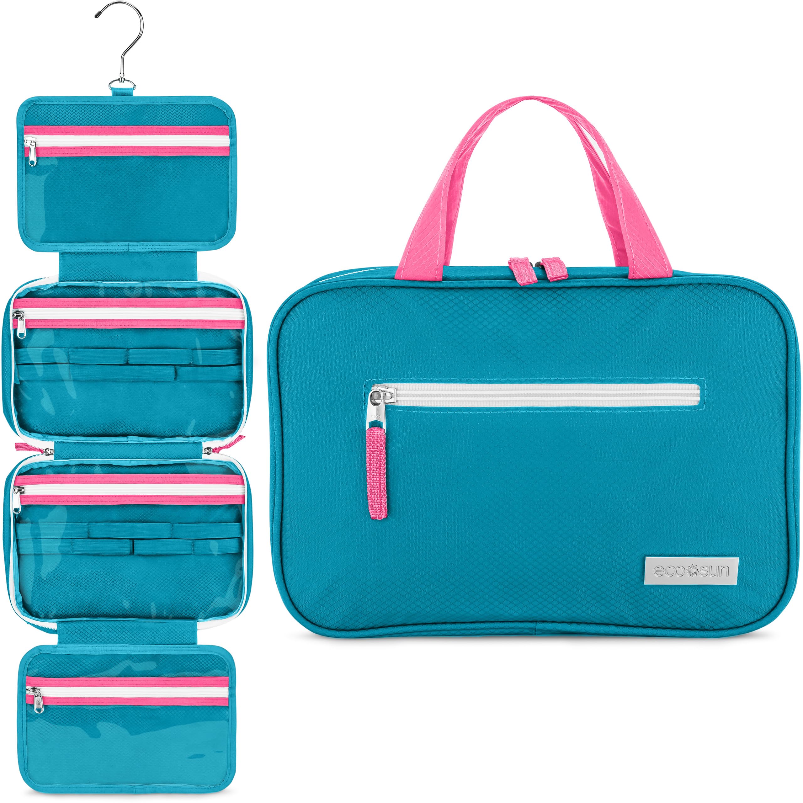 Eco Sun Hanging Travel Toiletry Bag — Designed in Hawaii — Water-Resistant Travel Organizer for Bathroom Accessories (Teal/Hot Pink)
