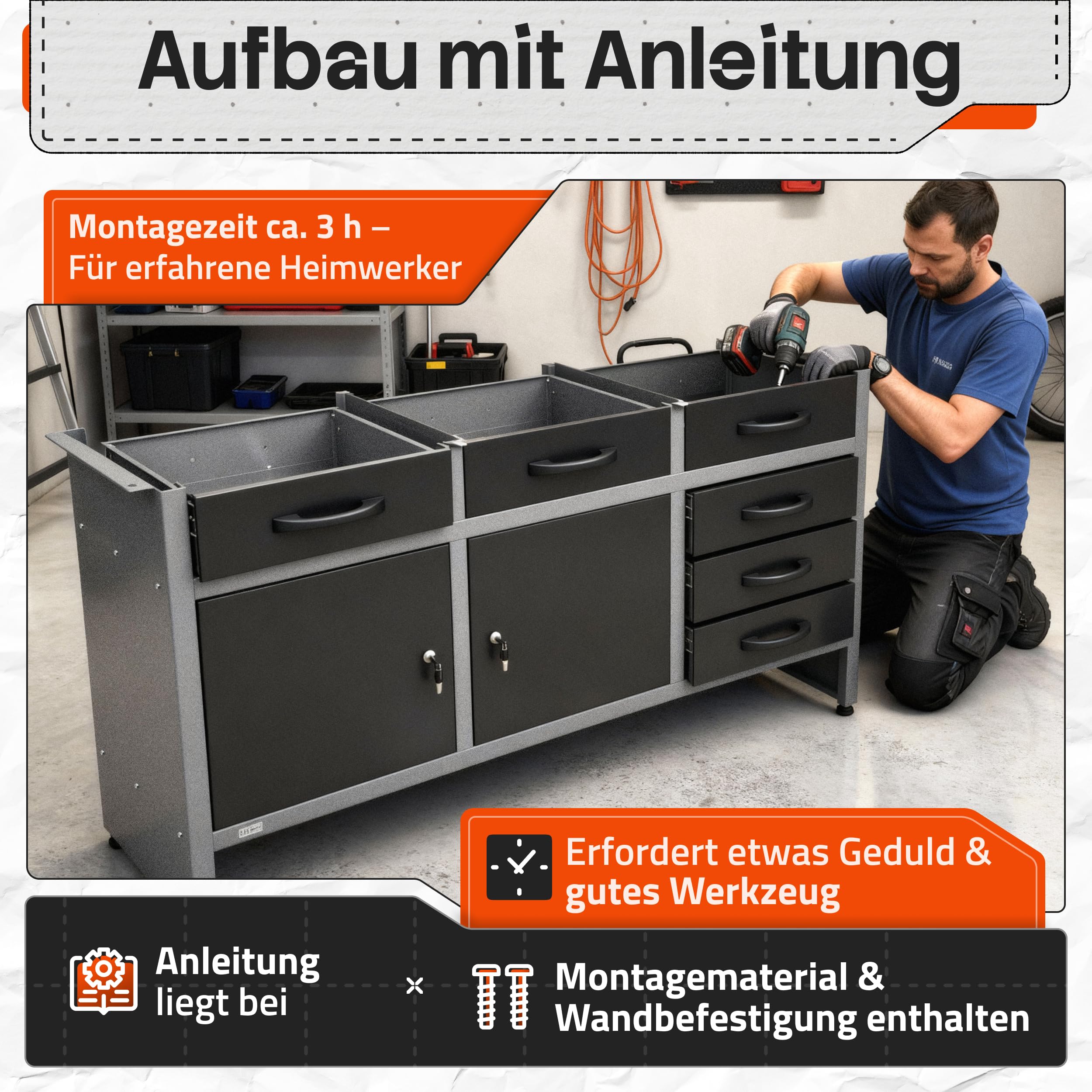 Ondis24 Werkbank Karsten Werktisch Packtisch 6 Schubladen Werkstatteinrichtung 160 x 60 x 85 (H) cm Buchenholzarbeitsplatte, Metall bis 510kg belastbar