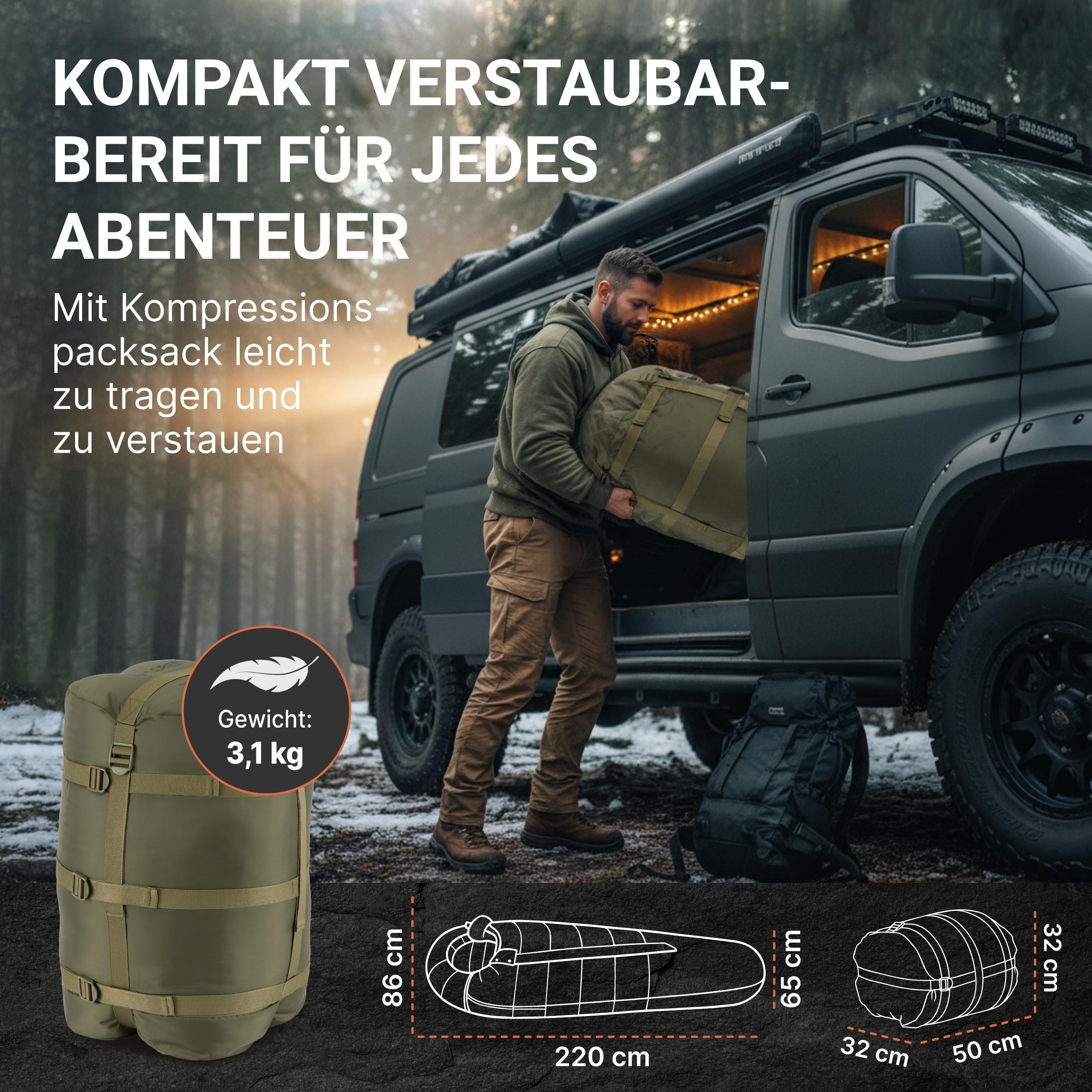 EXPLORER Beheizbarer Schlafsack | Protector 220 | (3-Stufen Heizung) | XXL Winterschlafsack 220x80cm | Extrem bis -32,9°C (450GSM) | BW Military Biwak Olivgrün für Camping, Angeln & Survival