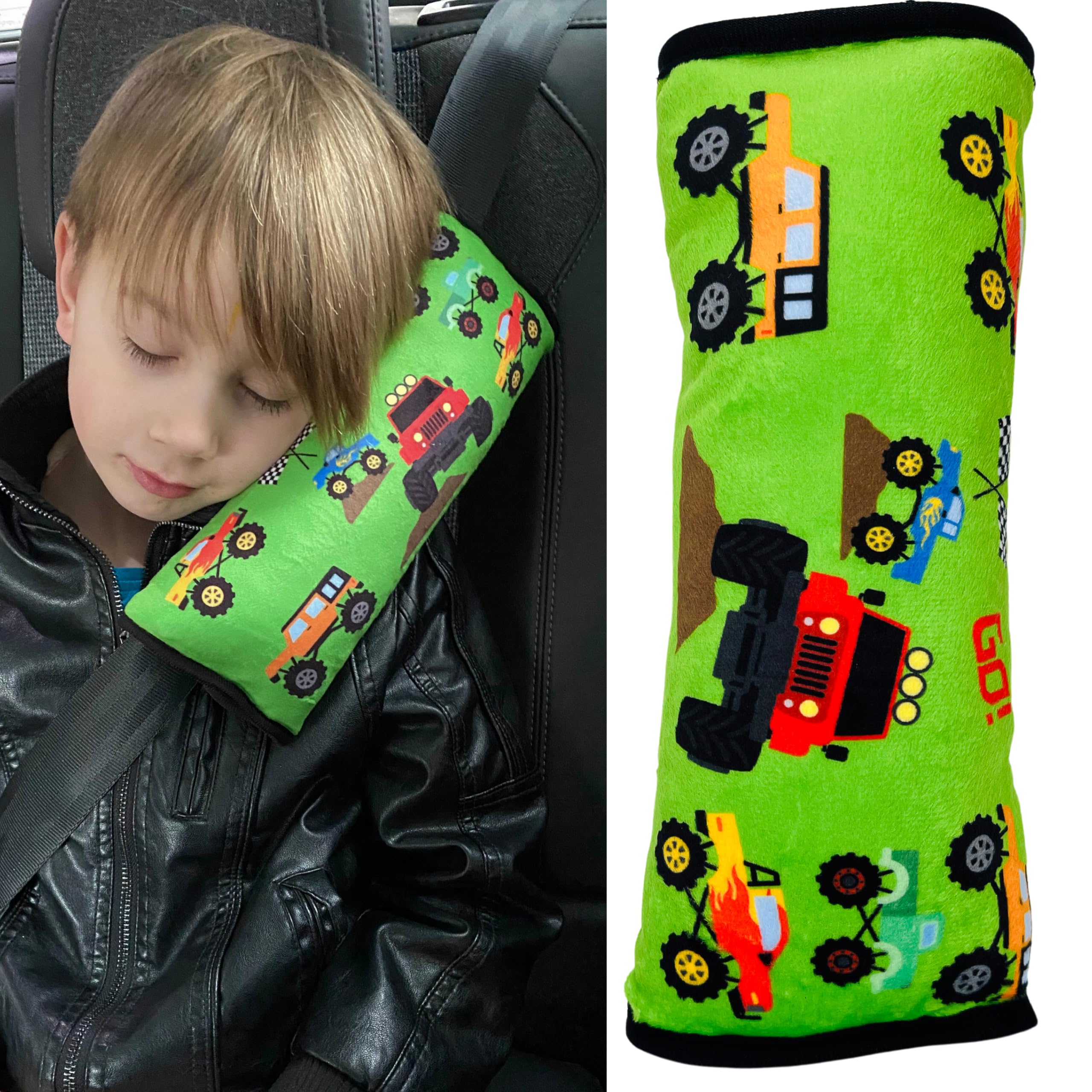HECKBO Auto Schlafkissen für Kinder Mädchen Jungen - Monster Truck - maschinenwaschbar – kuschelweich - Auto Gurtkissen, Gurtschoner, Gurtschutz Sitzerhöhung, Auto Kissen, Reisekissen, Urlaub