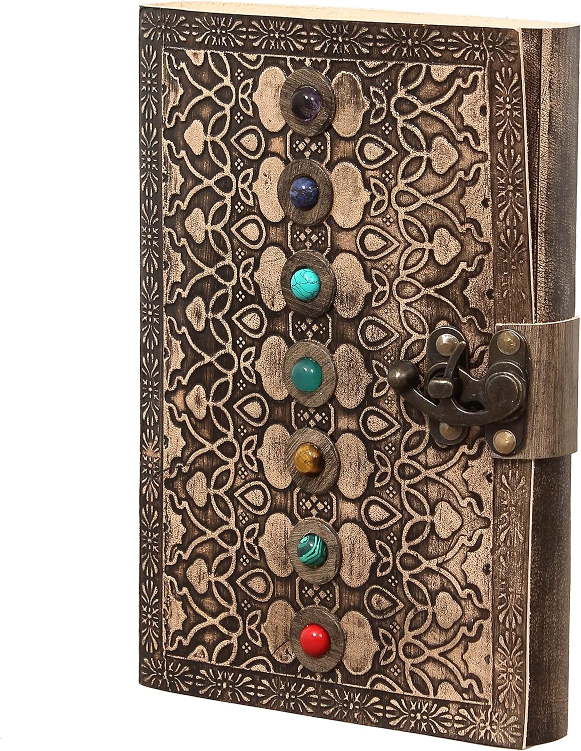 AzureGreen Leather Book of Shadows Journal, Supernatural Notebook with Chakra Gem Stones Healing Crystals and Latch