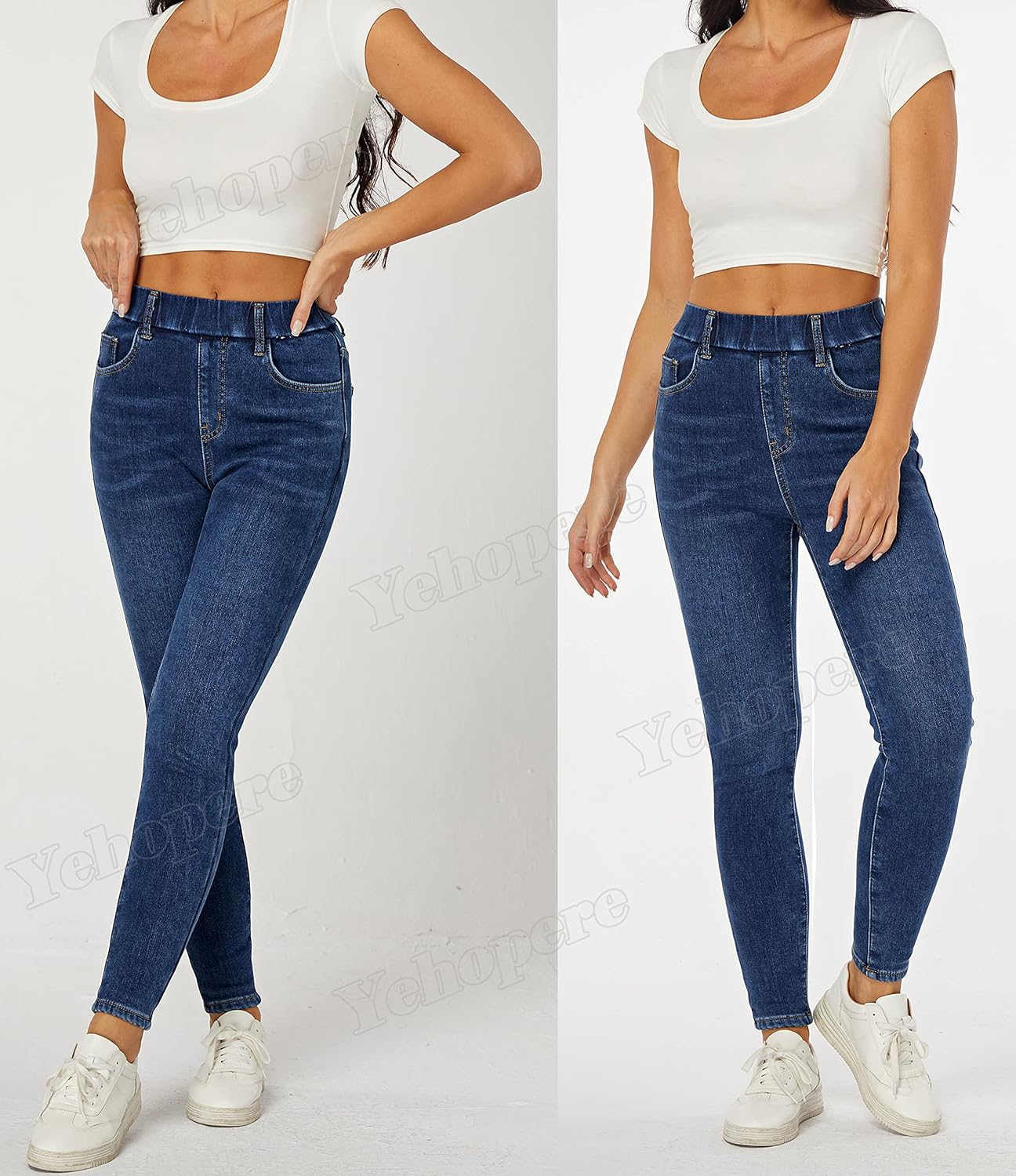 Yehopere Women's Winter Jeans High Waist Pull on Fleece Lined Thicken Elastic Waist Jeans - Image 4