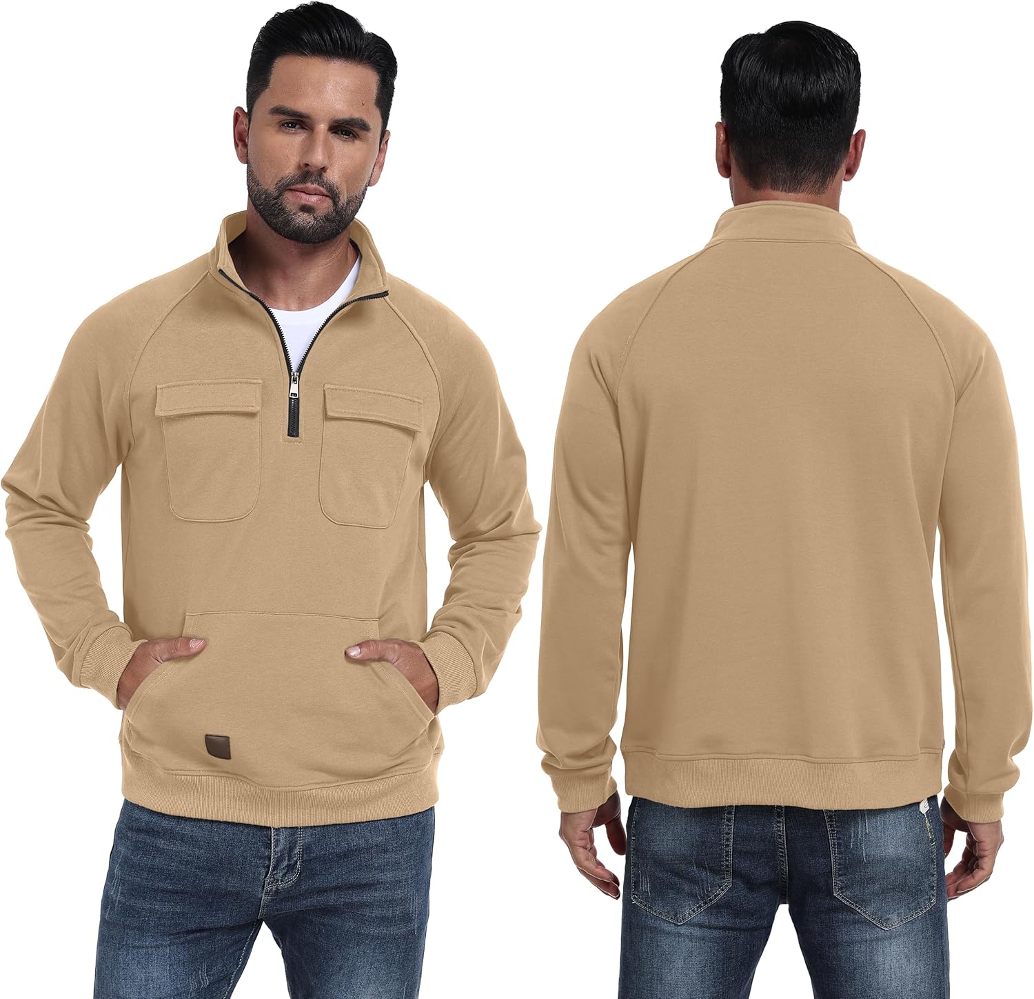 Lepunuo Cargo Sweatshirts for Men Quarter Zip Long Sleeve Warm Fleece Tactical Pullover Casual Athletic Loose Sweatshirts
