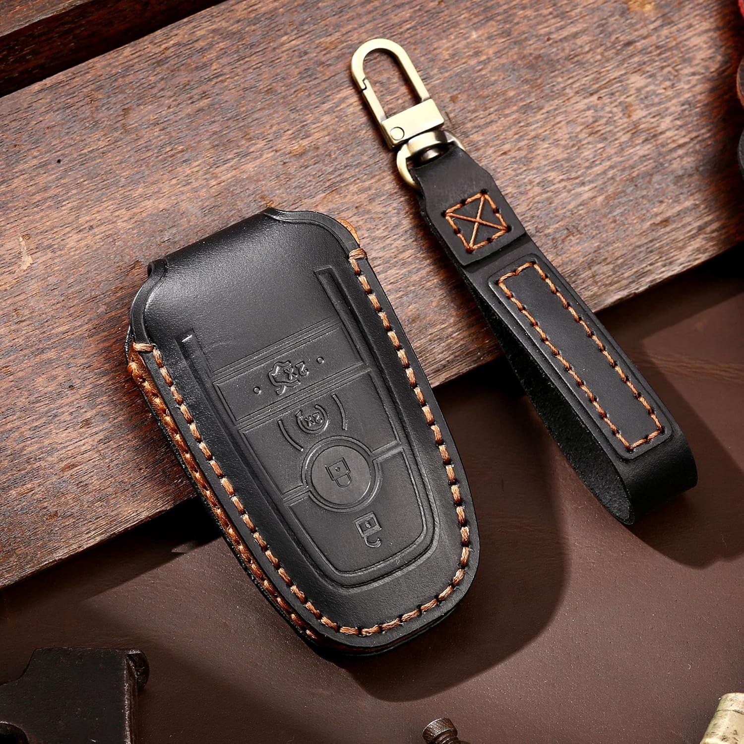 ontto Leather Key Fob Cover for Ford Explorer Mustang Fusion Escape F150 F250 F350 F450 F550 Edge Black