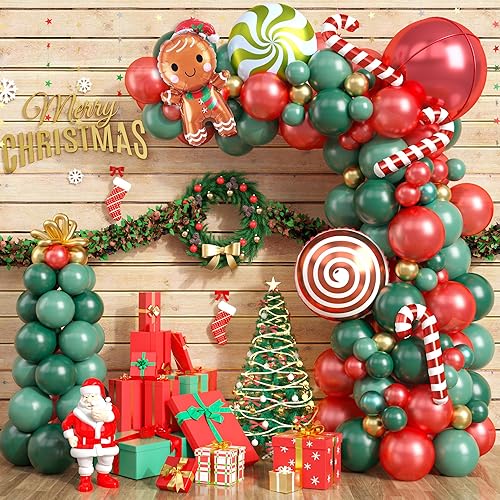 Miniatura 13 de Kit de guirnalda de globos de Navidad en forma de arco, 103 piezas, retro verde blanco globos rojo rubí con cabeza de alce globos de caramelo de