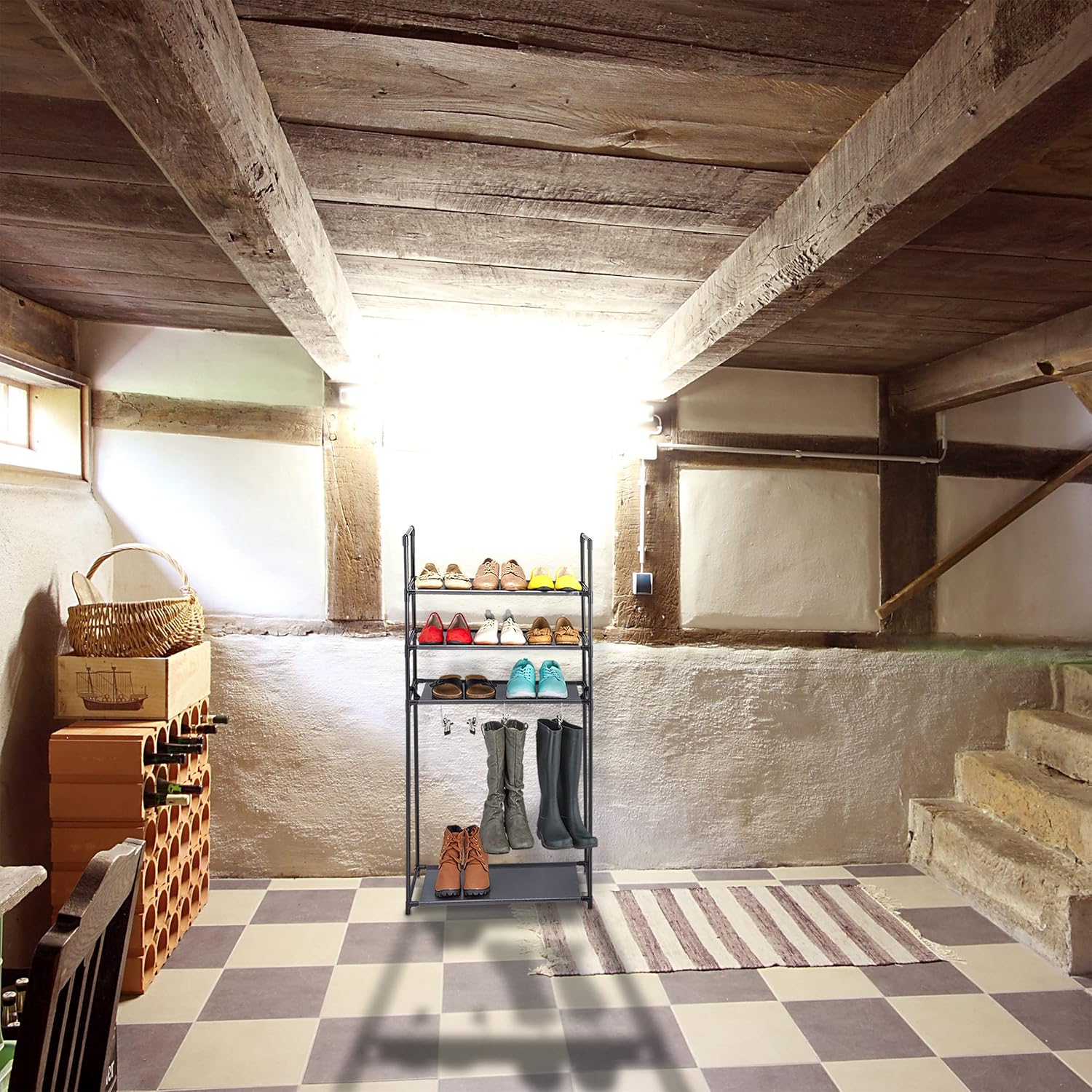 Relaxdays Shoe Rack with Boot Compartment, 16 Pairs of Shoes, 4 Levels, 4 Boot Clips, Hallway Shoe Rack, Grey