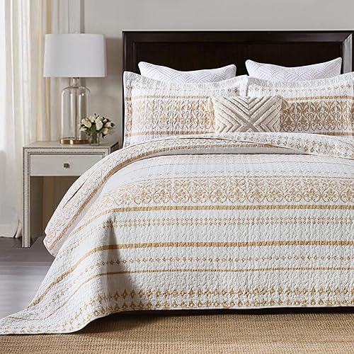 Qiqiong Juego de ropa de cama tamaño King, 100% algodón, a rayas, bohemio, reversible, bohemio, acolchado, juego de ropa de cama, juego de ropa de