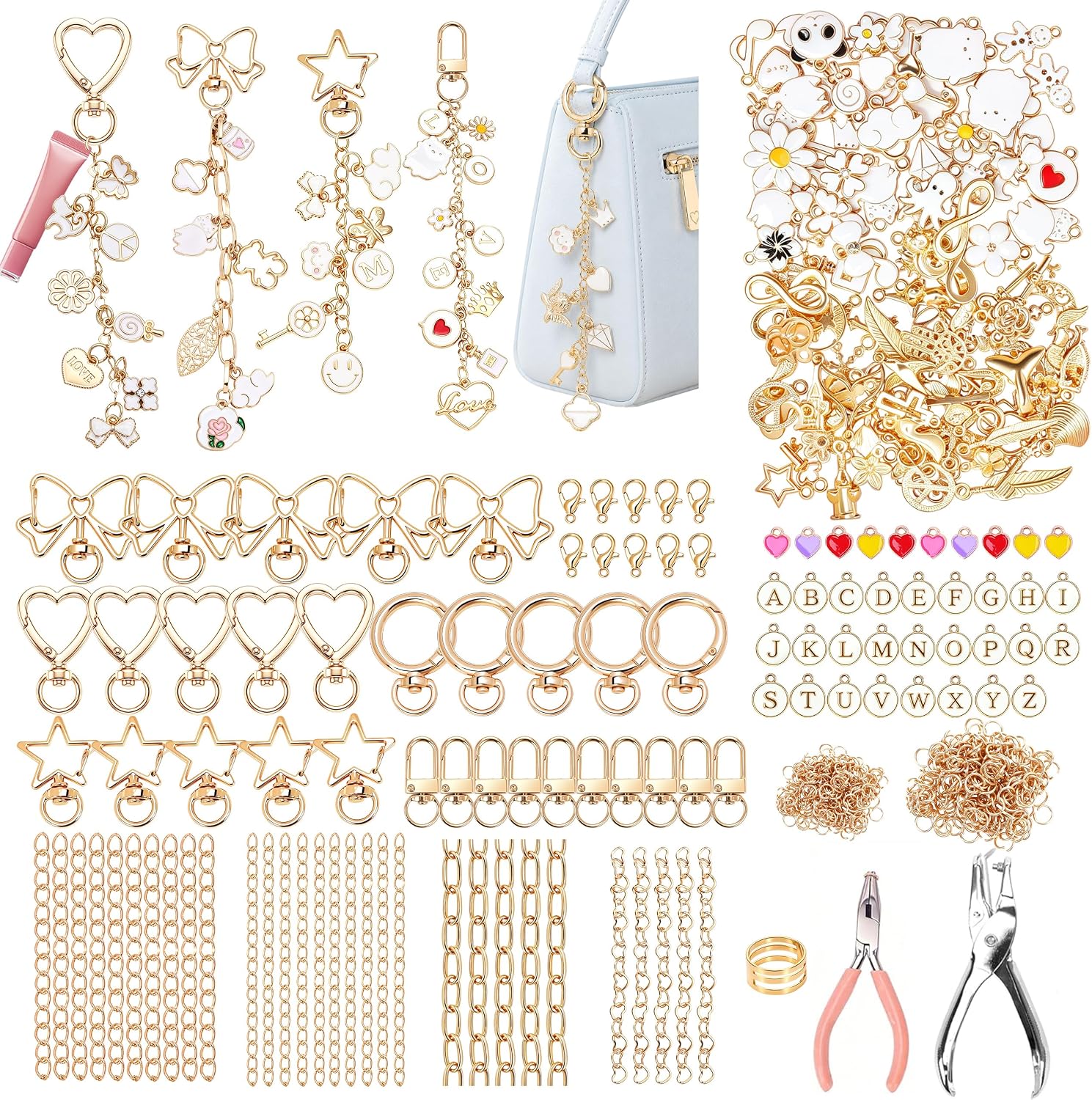 431PCS Lip Gloss Keychain Making Kit, Aesthetic DIY Bag Charm Kit with 136 Charms, Chains & Jewelry Tools, Make Bag & Purse Charms, Party Favors & Gifts, Small Business Supplies (431PCS GOLD-WHITE)