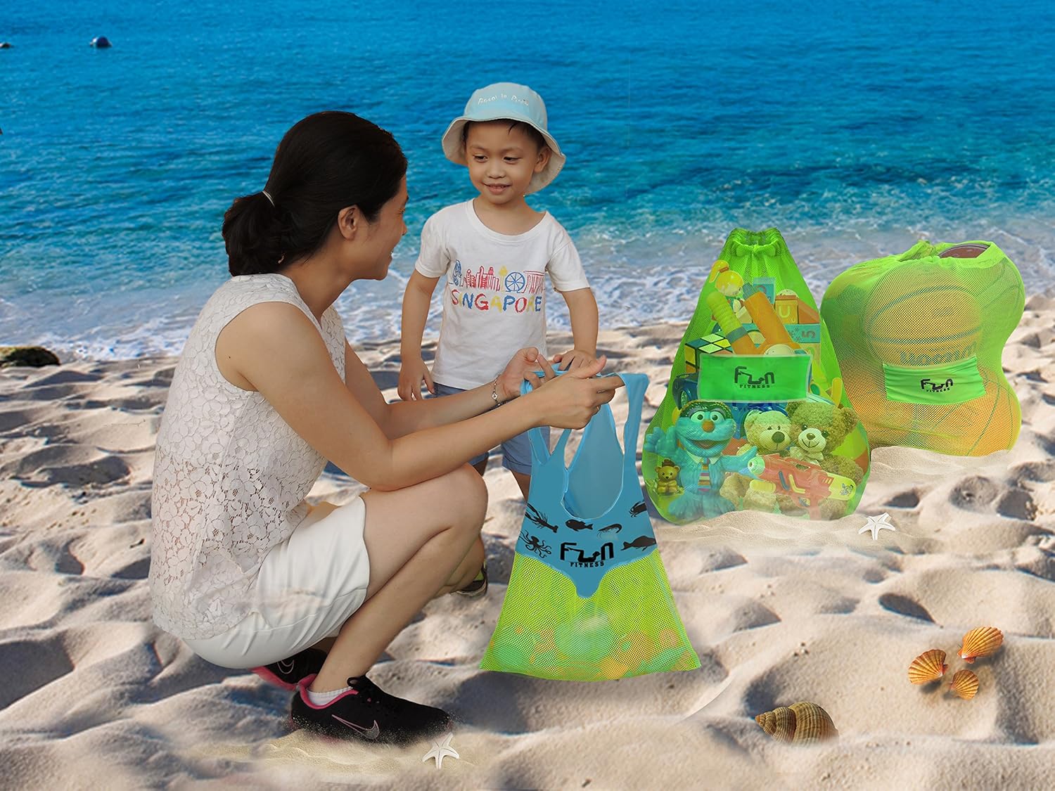 Mesh Shell Bag Sand Toy (Neon Green, Large 15''x23'') - Net Tote Perfect for Kid Beach Toys, Seashells, Pool Towel, Swimsuit - Keep Sand and Water Away - Go Well with Sand Dipper & Sea Shell Sifter