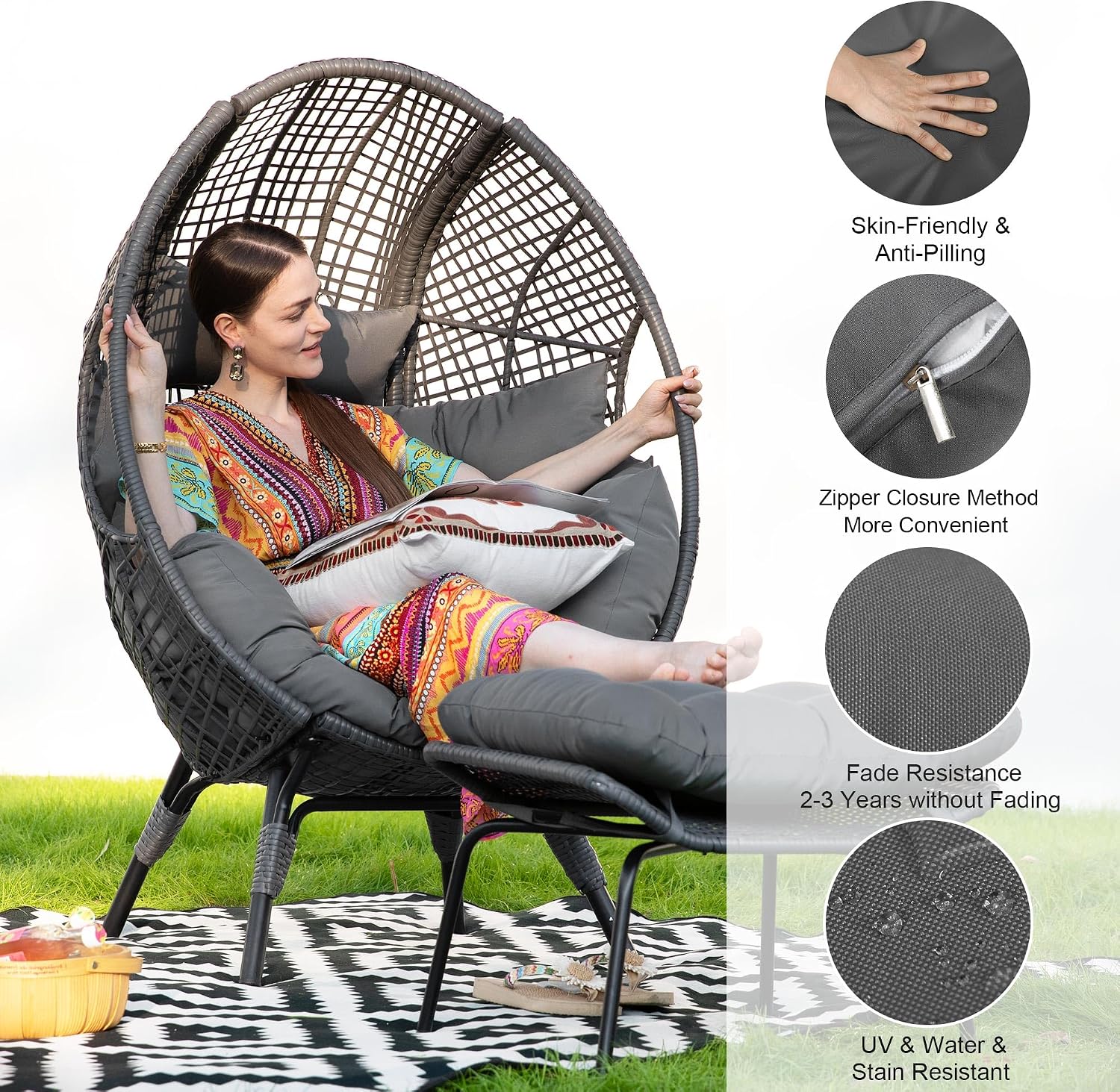 FINCATI 2 Person Delicated Outdoor Indoor Wicker Egg Chair with Footrest, Oversized 440 lbs Egg Basket Cocoon Chair with Ottoman Set of 2, PE Rattan Patio Stationary Cushioned Lounge Loveseat