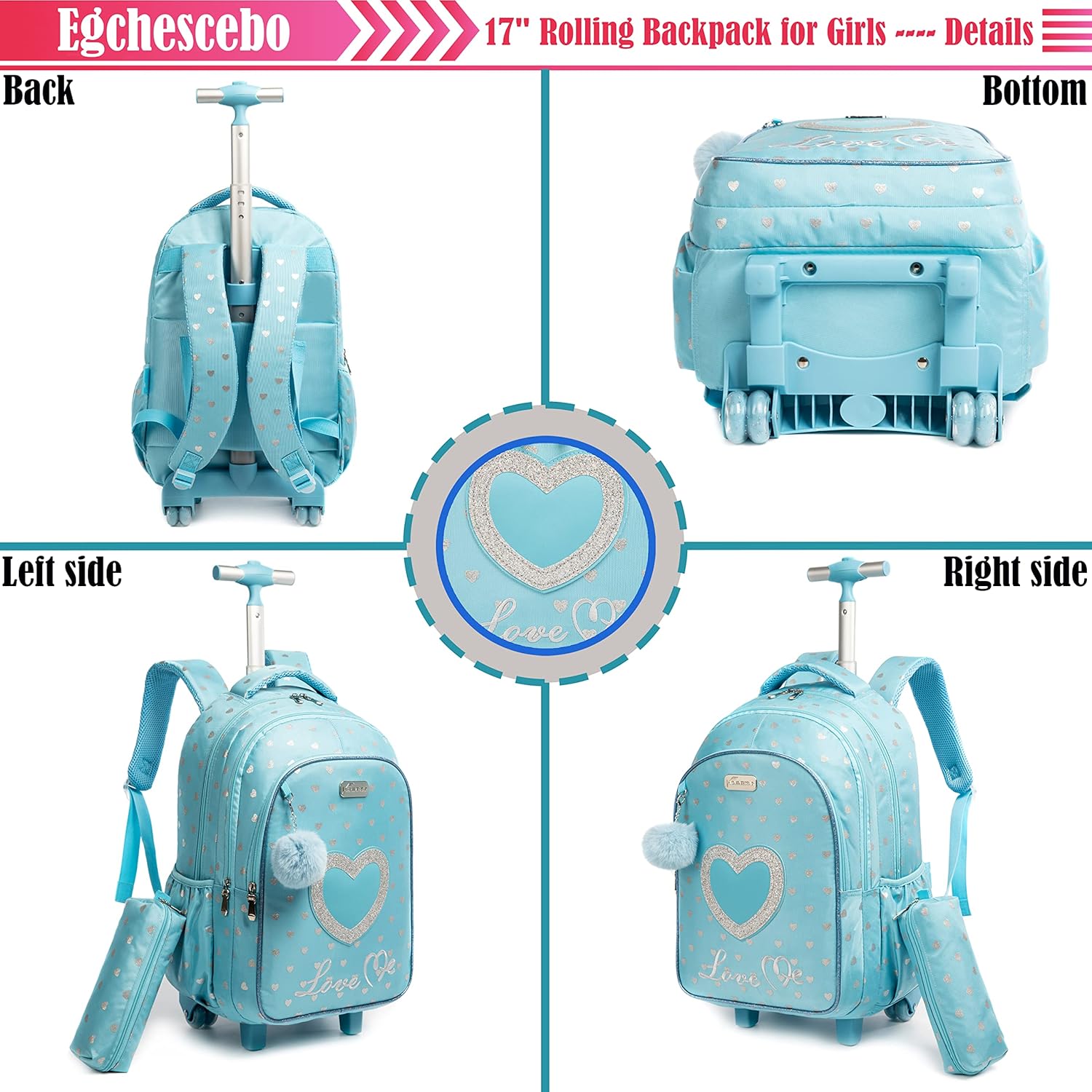 Egchescebo School Bags Kids Rolling Backpack for Girls Kids Luggage Suitcase With Wheels