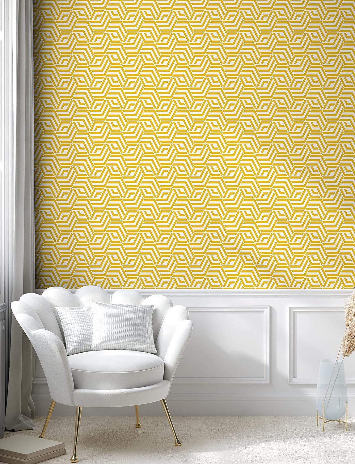 Ambesonne Lattice Peel & Stick Wallpaper for Home, Hexagon Shapes with Yellow Chevron Lines Simple Graphic Tiling Composition, Self-Adhesive Living Room Kitchen Accent, 13" x 100", Earth Yellow White