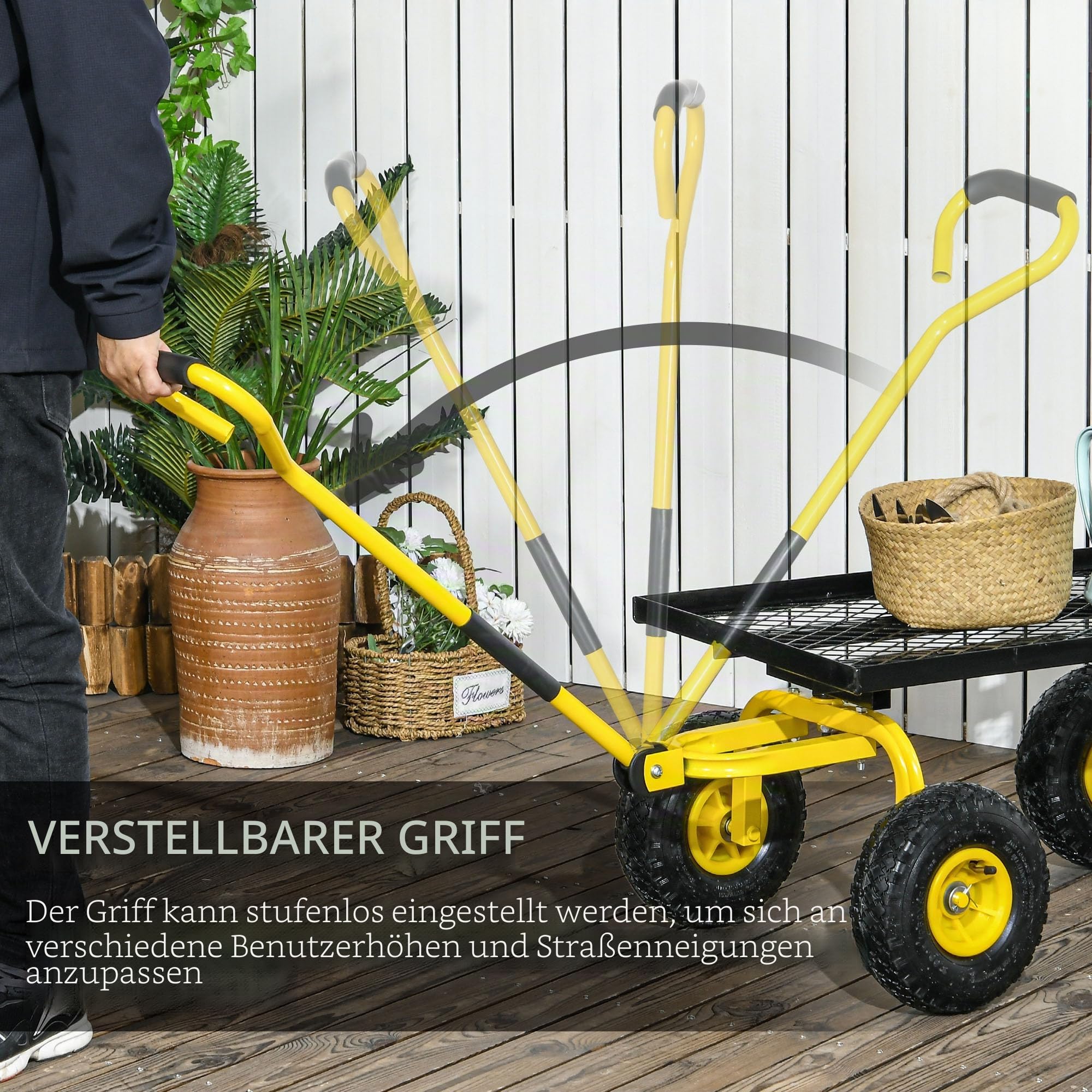 Outsunny Transportwagen für Garten, Handwagen, 4 Räder, 94 x 48,5 x 100 cm, max. Belastung 150 kg, Metall, Gelb