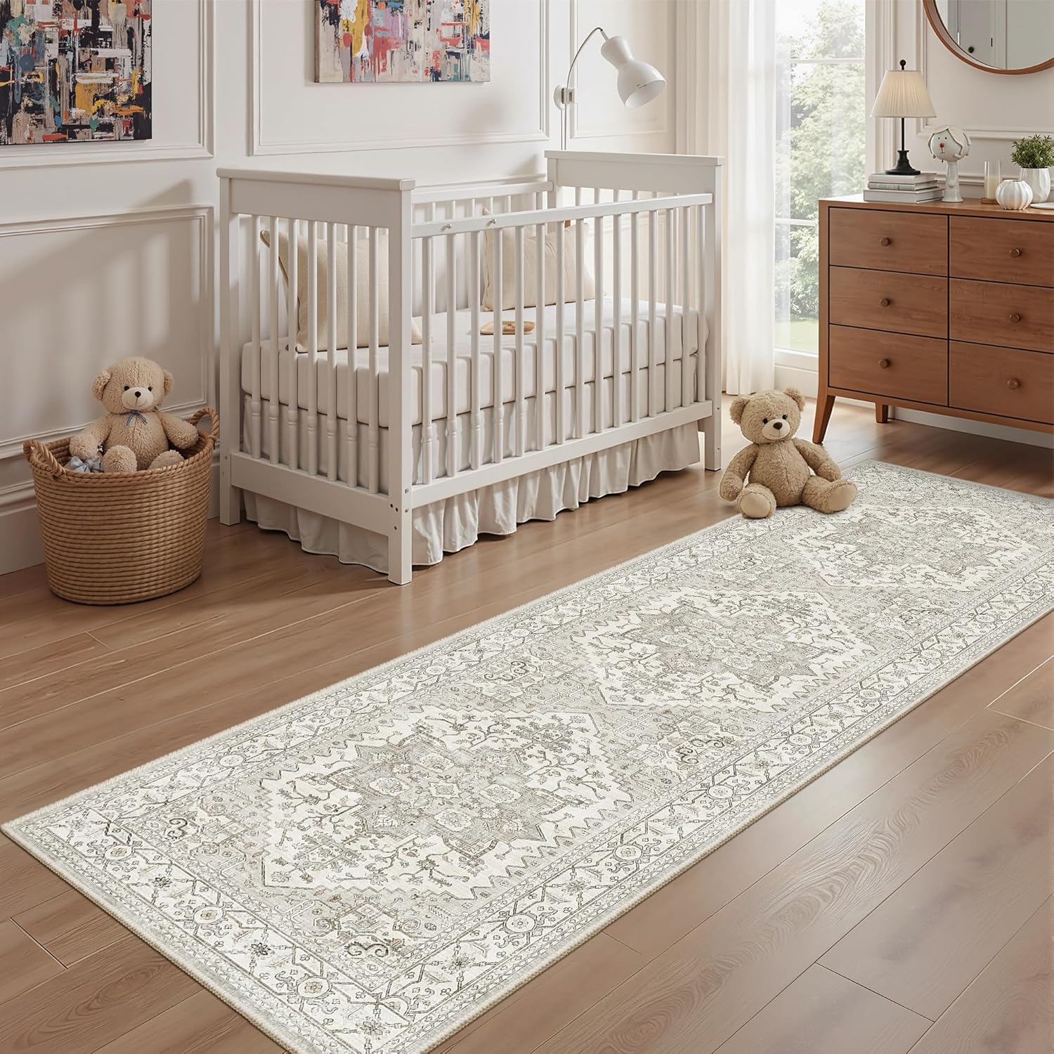 Washable 2x8 Runner Rug Vintage Area Rugs for Hallway Water Resistant Kitchen Entryway Rug Ultra Soft Living Room Bedroom Carpet Indoor Low Pile Floor Mat for Bathroom Dining Room(2x8,Beige)