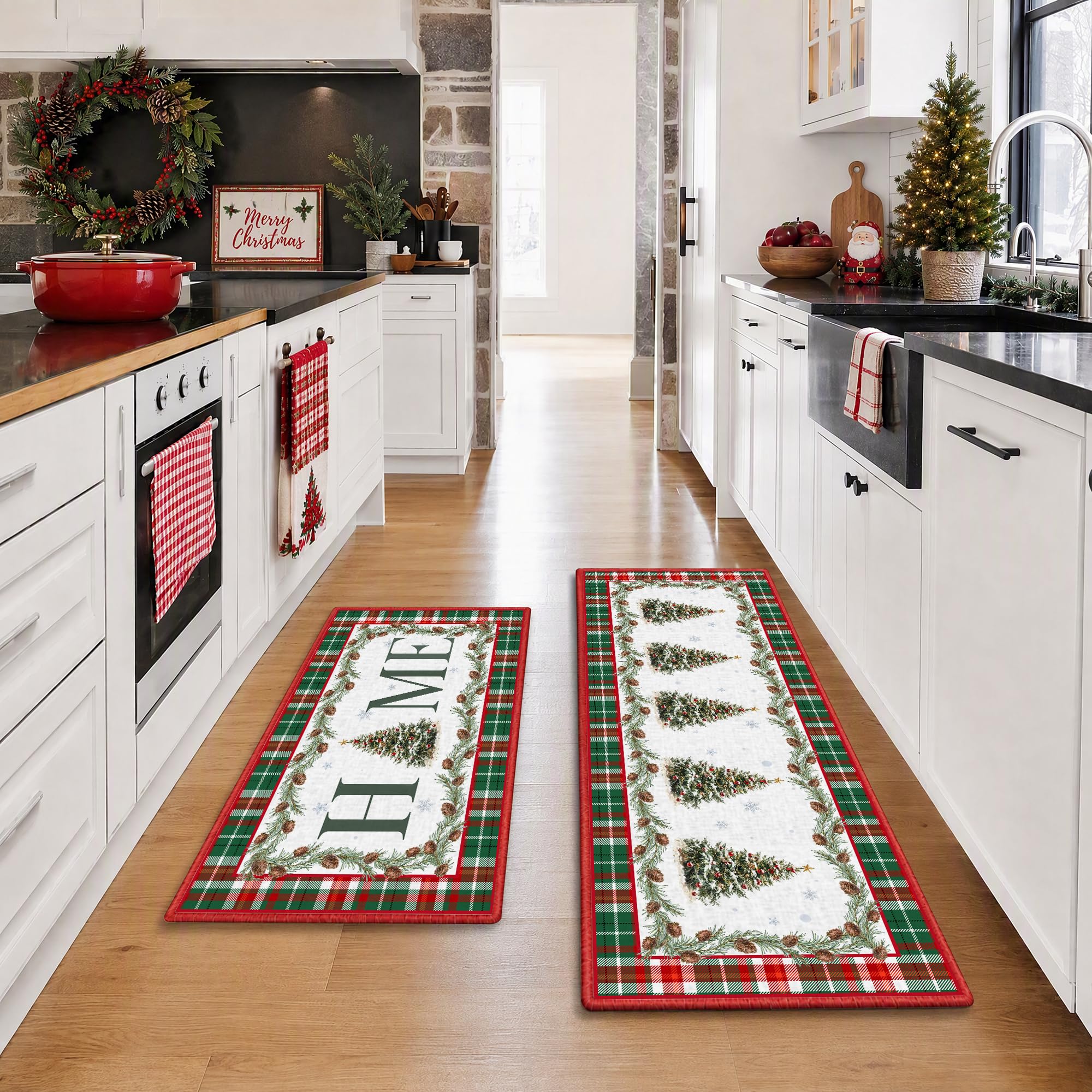 FUTBU Christmas Kitchen Rugs Set of 2, Farmhouse Home Tree Anti-Fatigue Kitchen Mats for Floor, Non-Slip Floor Mats with Buffalo Plaid Pine Cone Xmas Decor for Kitchen Laundry Room, 17"x29"+17"x47"