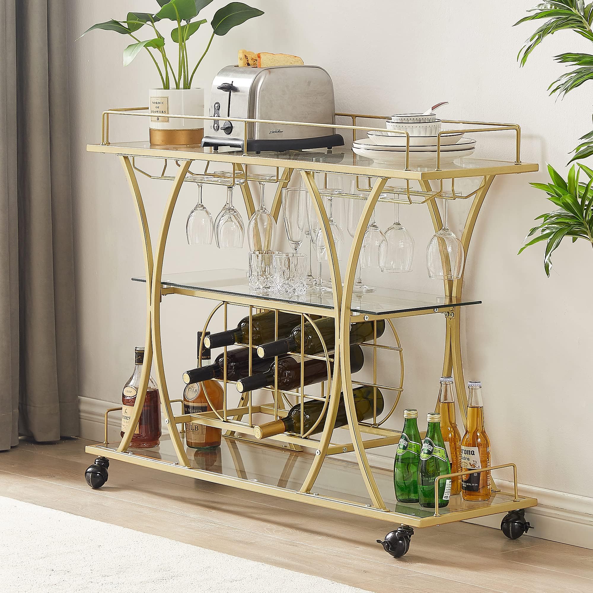 mikibama Industrial Bar Cart Farmhouse Mobile Metal Wooden Home Mini Bar Cart Small Rustic Rolling Serving Bar Carts with Wine Rack & 3 Tier Storage Shelves for Kitchen (Update Golden)