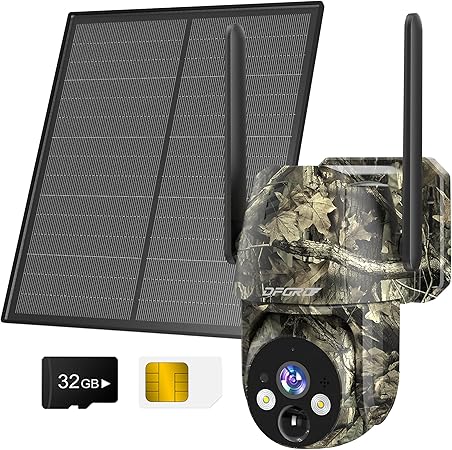 4G LTE Fototrappola con Sim e SD, 2K Telecamera con Pannello Solare Senza Fili Esterna Fotocamera da Caccia, 360° PTZ, Visione Notturna a Colori/Infrarossi, Audio a 2 Vie, Rilevamento PIR, IP66