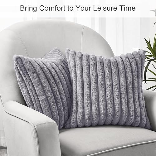 Miniatura 10 de Volcanics Paquete de 1 funda decorativa de felpa de piel sintética de doble cara de 18 x 18 pulgadas, fundas de almohada suaves y esponjosas a rayas