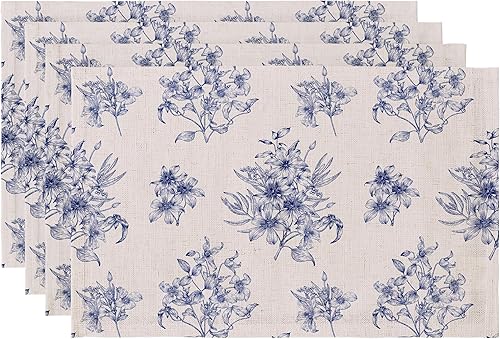 LilyCat Manteles individuales de tela de lino con estampado floral azul, impermeables, duraderos, bohemios, para cocina, rústico, vintage, lavables,