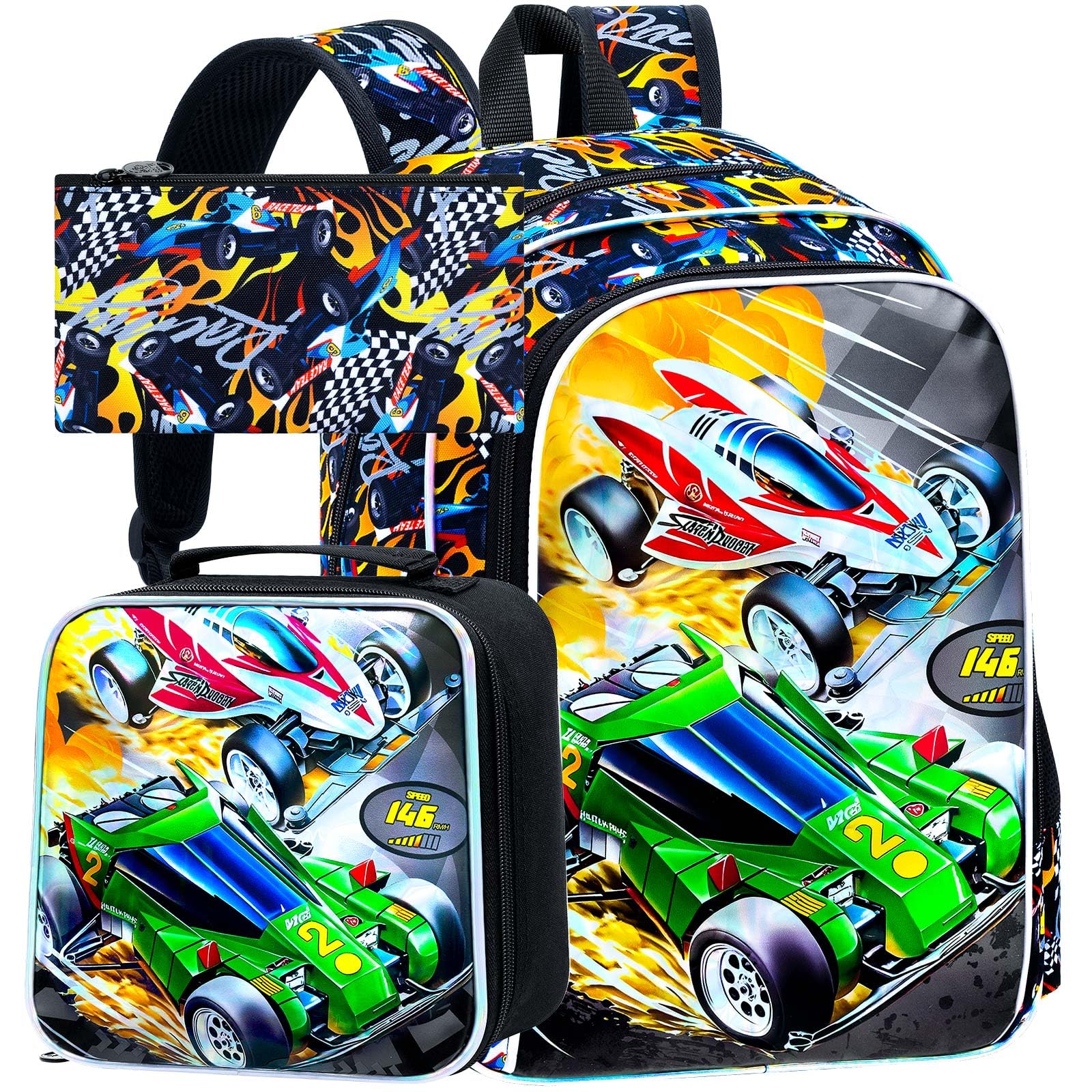 WZLVO 3PCS Race Car Preschool Backpack, 16" Cool UV Printing Boys Bookbag/School Bag with Lunch Box &amp; Pencil Bag for Elementary - 2 * Race Car