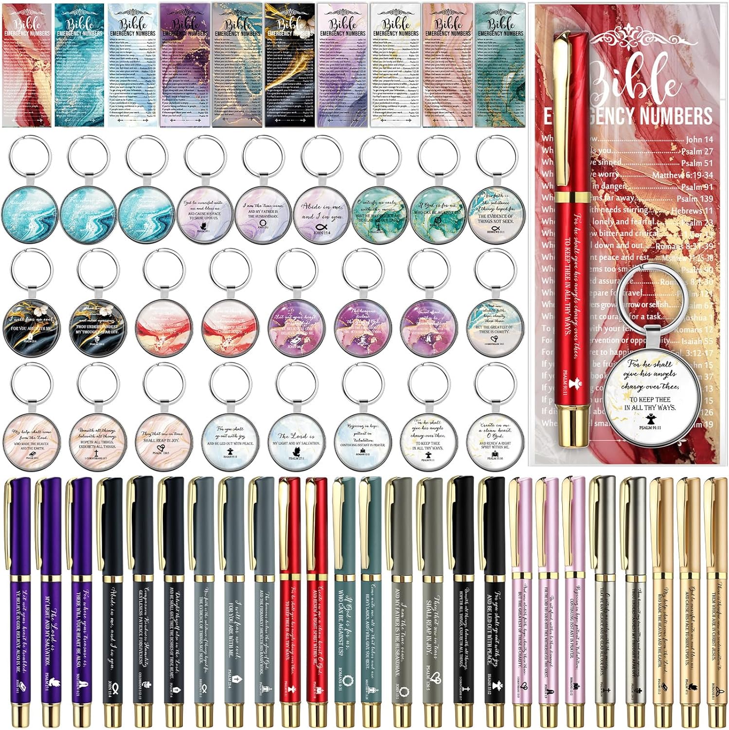 Feifeiya 75 Pcs Mother's Day Christian Church Gifts Bulk for Women 25 Bible Verse Pens 25 Religious Keychains 25 Emergency Number Bookmark Bible Study Gift for Sunday School Church VBS(Colorful,Fresh)