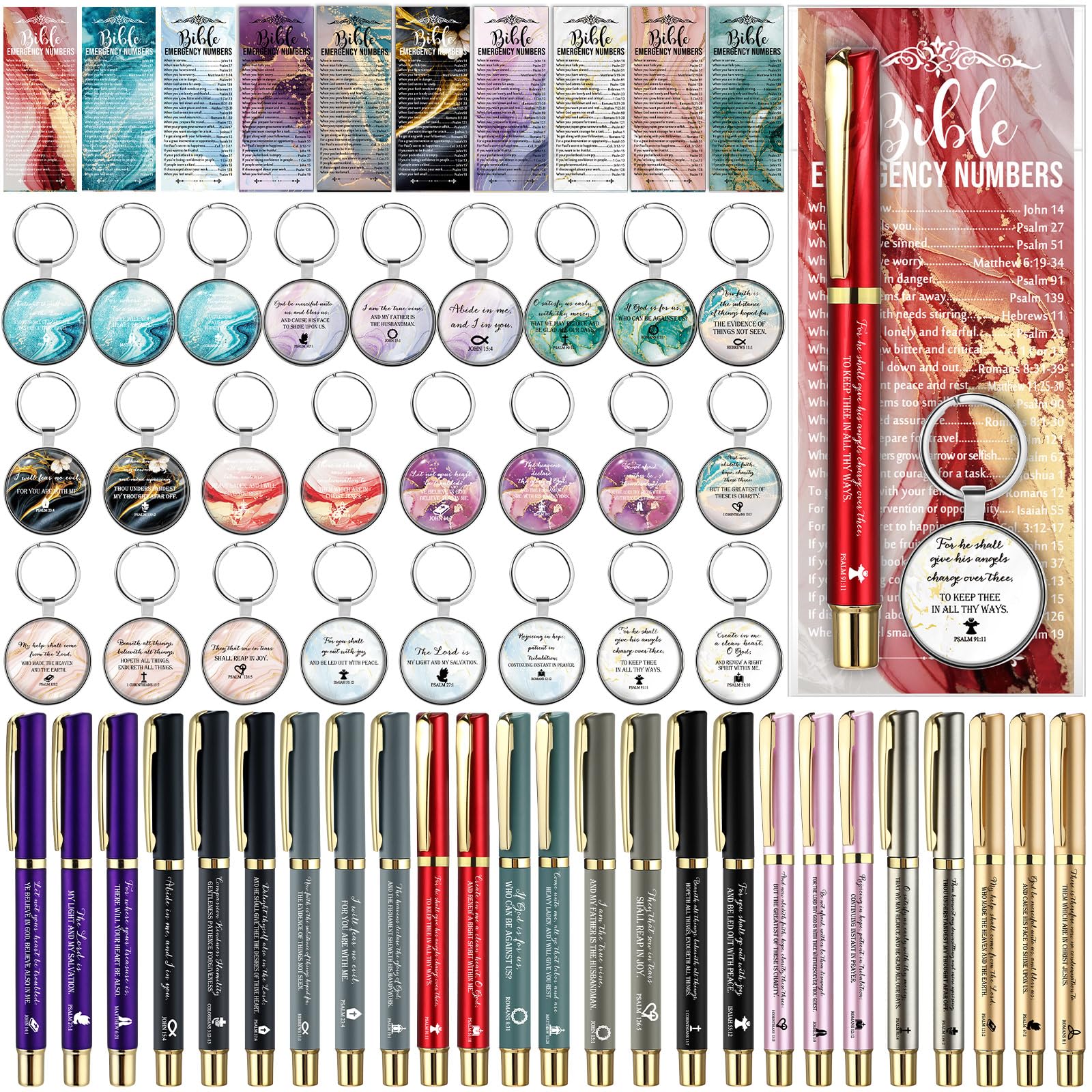 Feifeiya 75 Pcs Christian Church Gifts 25 Bible Verse Pens 25 Religious Keychains 25 Emergency Number Bookmarks Christian Valentine Gifts for Women